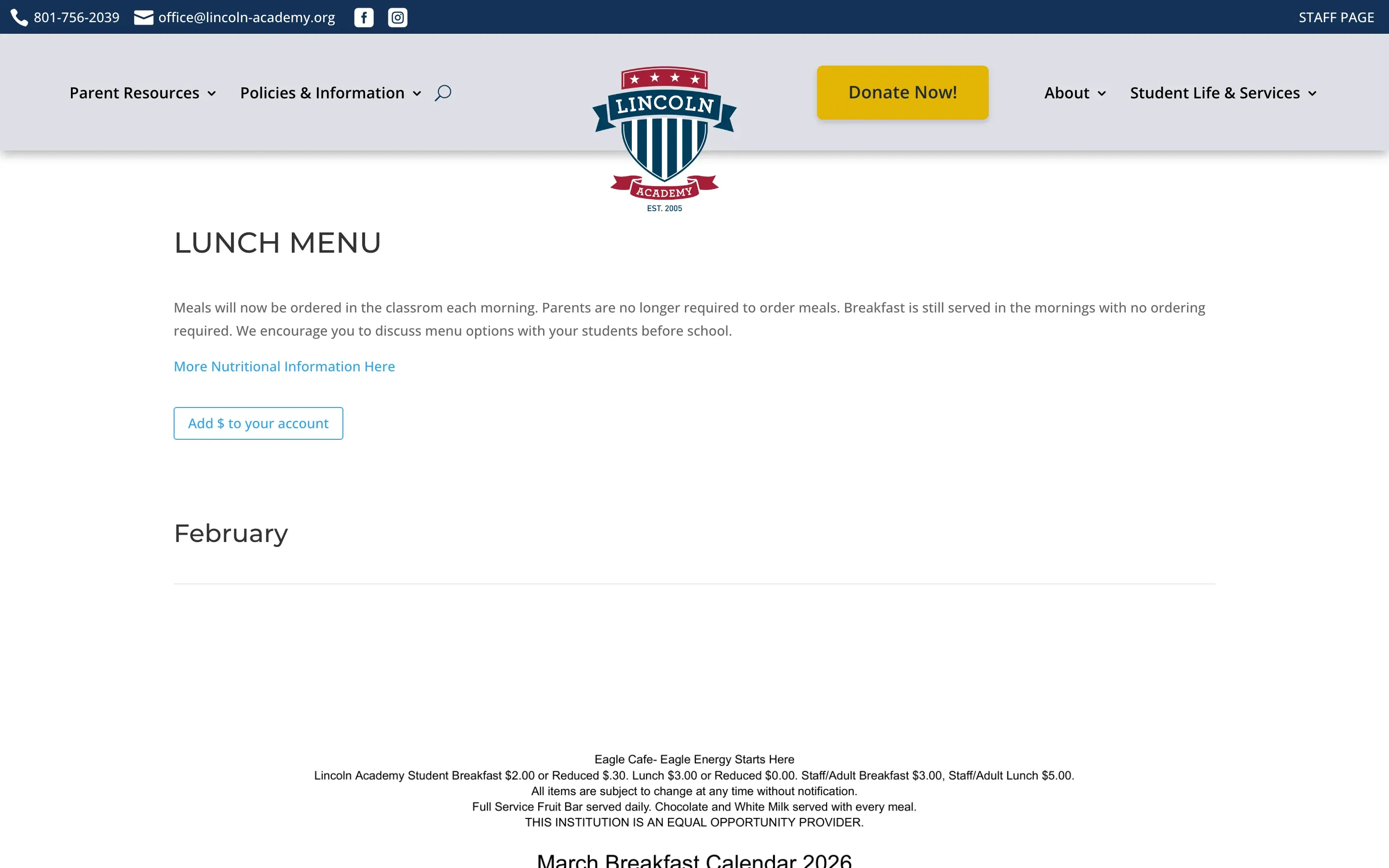The old Lunch Menu page — a short note, an "Add $ to your account" button and a monthly heading.