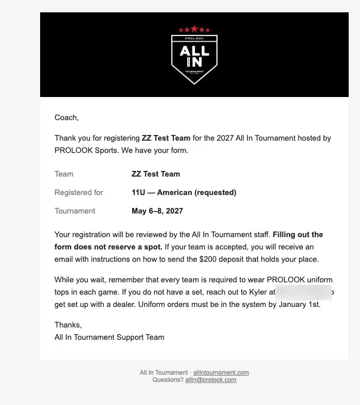 The confirmation email a coach receives after registering.