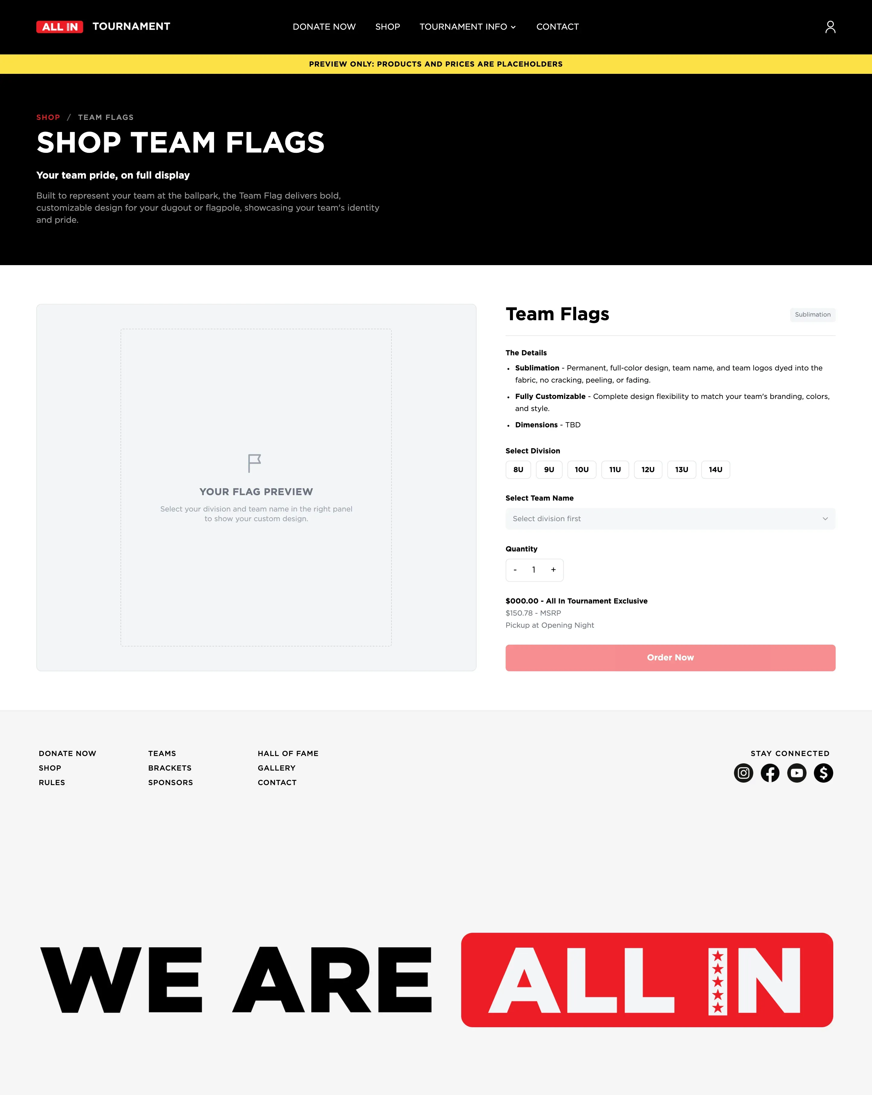 A preview of the Shop Team Flags page — a flag preview panel beside division buttons, a team name dropdown, quantity and an Order Now button, under a yellow "Preview only, products and prices are placeholders" banner.