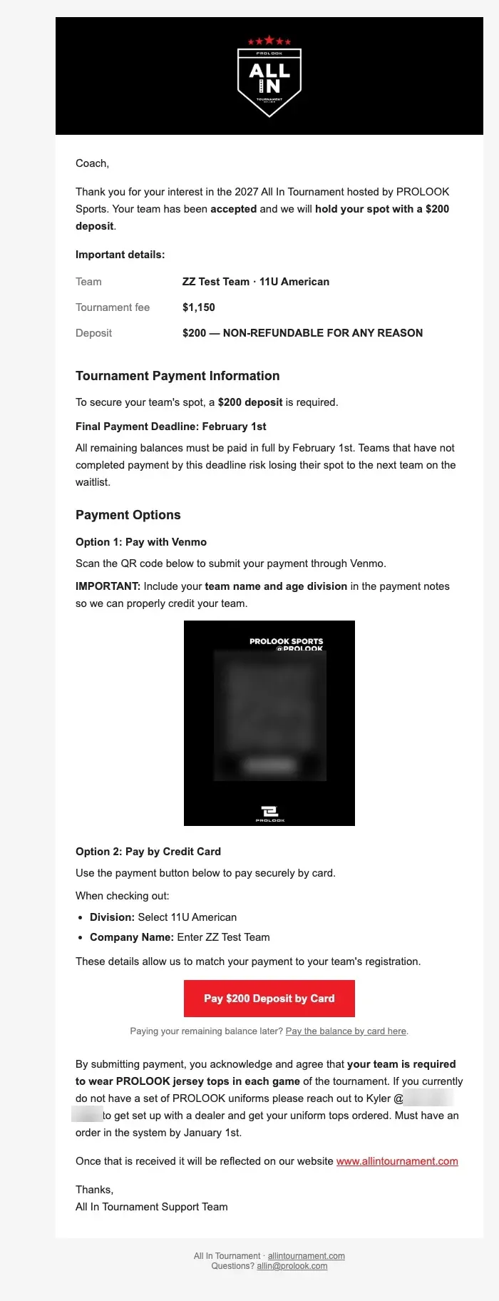 The acceptance email, with Venmo and card payment options.