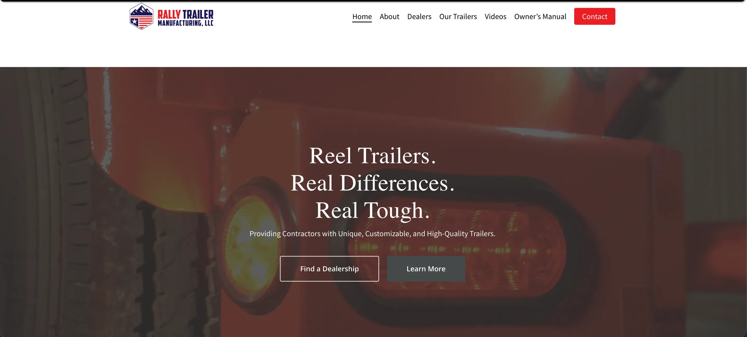 The 2022 Rally site — a grey hero reading "Reel Trailers. Real Differences. Real Tough." with Find a Dealership and Learn More buttons.