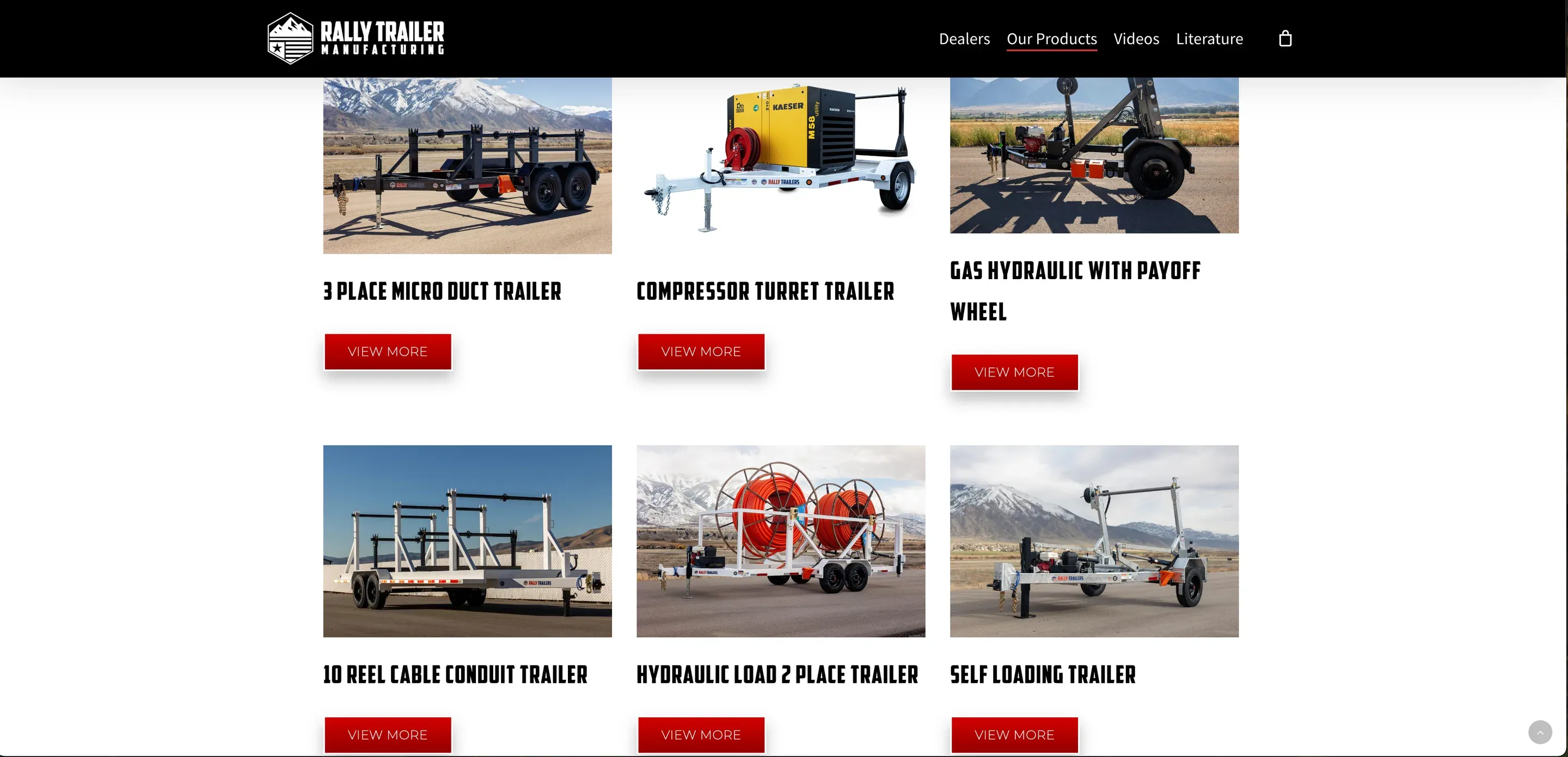 The 2025 site's trailer grid, each trailer with a View More button.