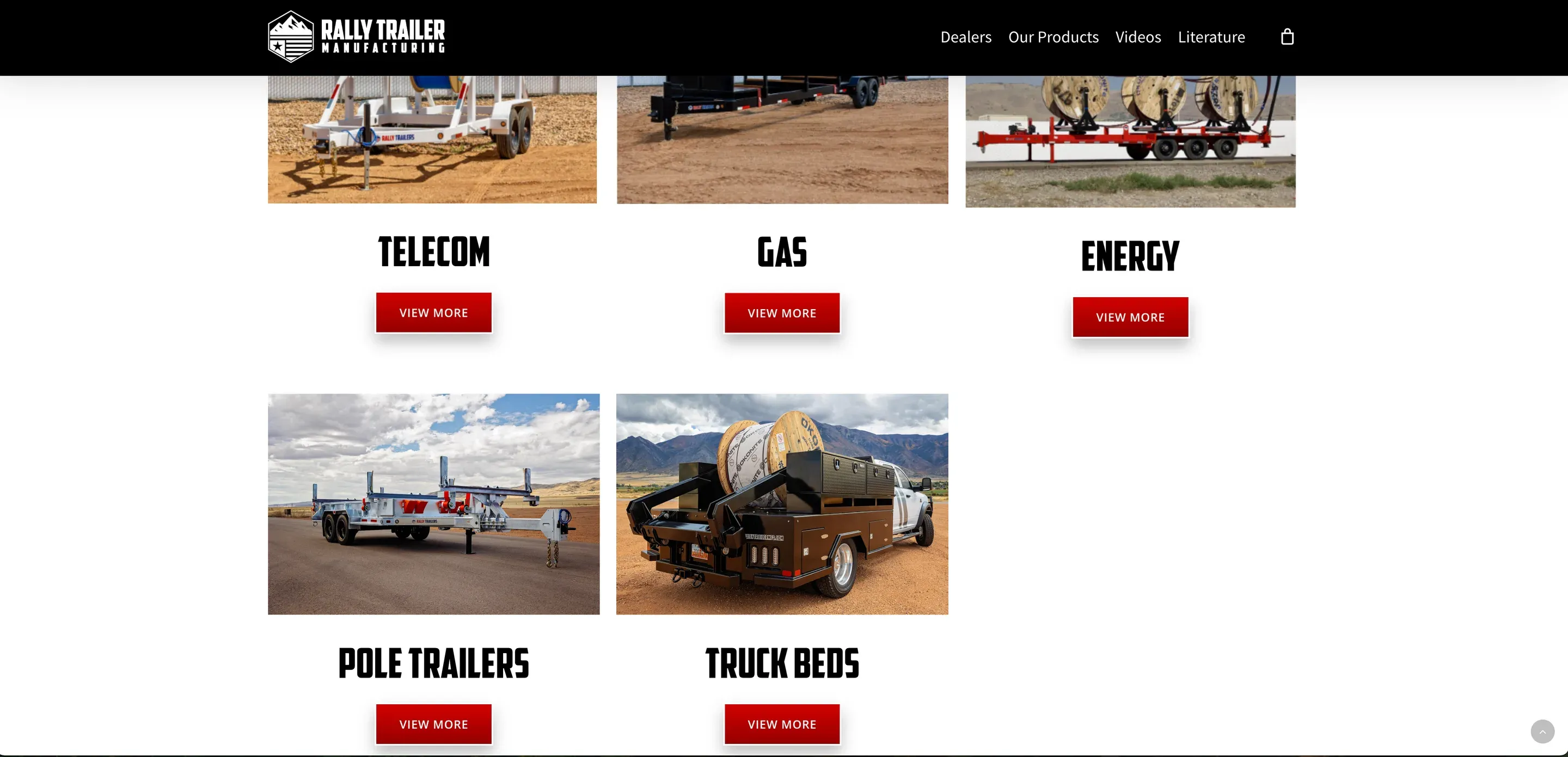 The 2025 Elementor site — trailers split by industry, Telecom, Gas, Energy, Pole Trailers and Truck Beds.
