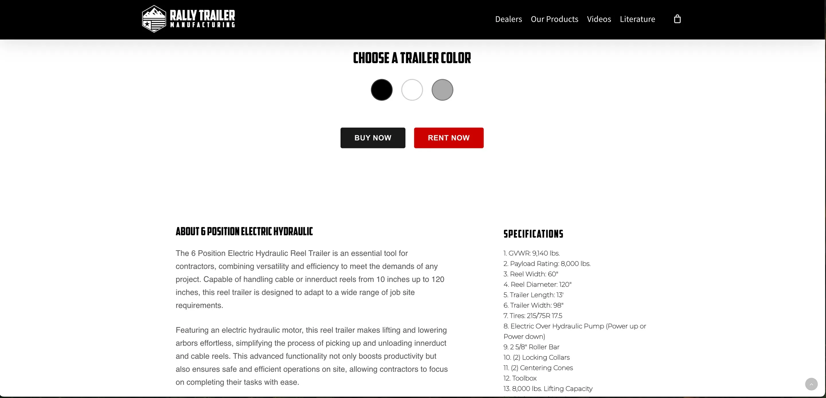 A 2025 trailer page — color picker, Buy Now and Rent Now buttons, and the specifications as a text list.