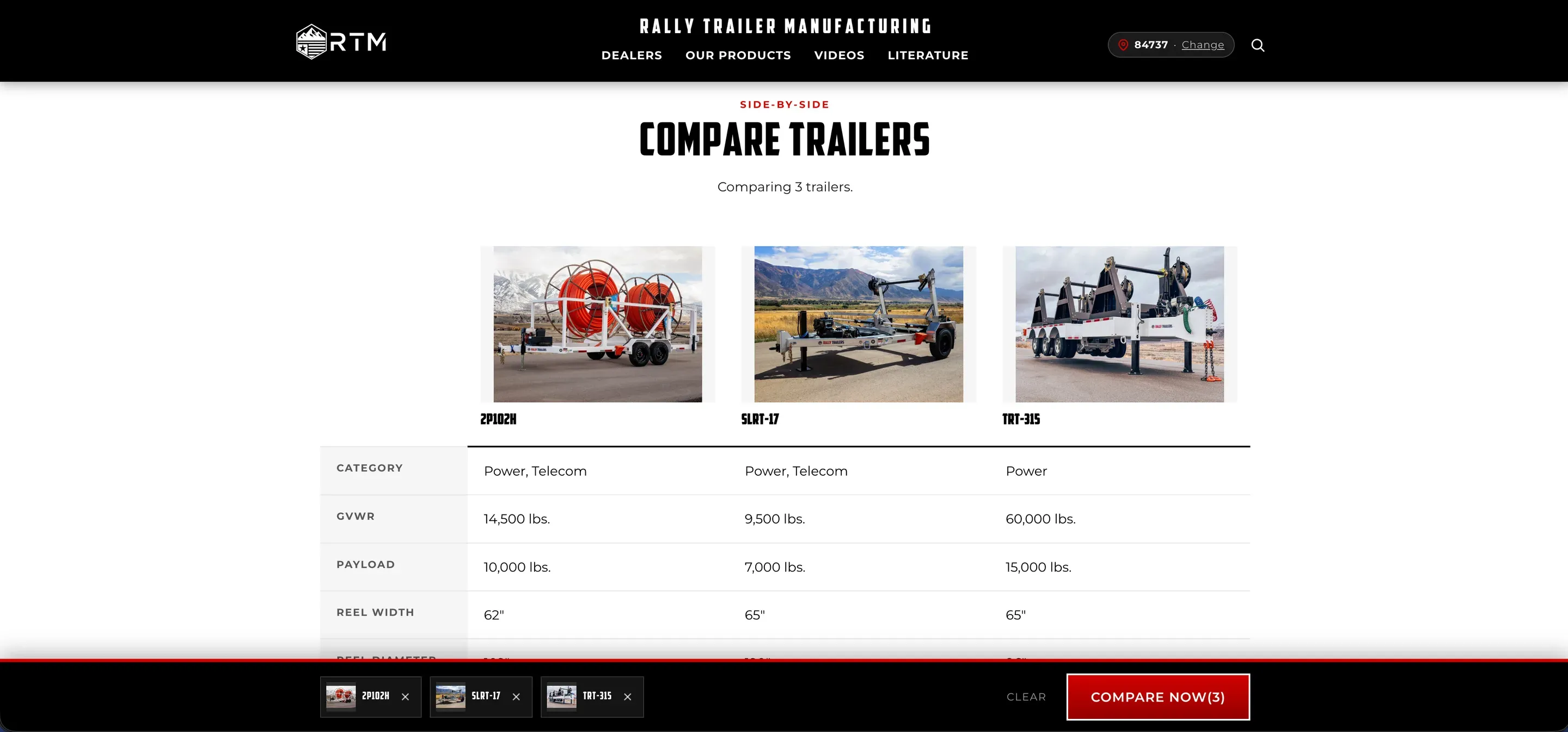 The 2026 Compare Trailers table, three trailers side by side by category, GVWR, payload and reel width.