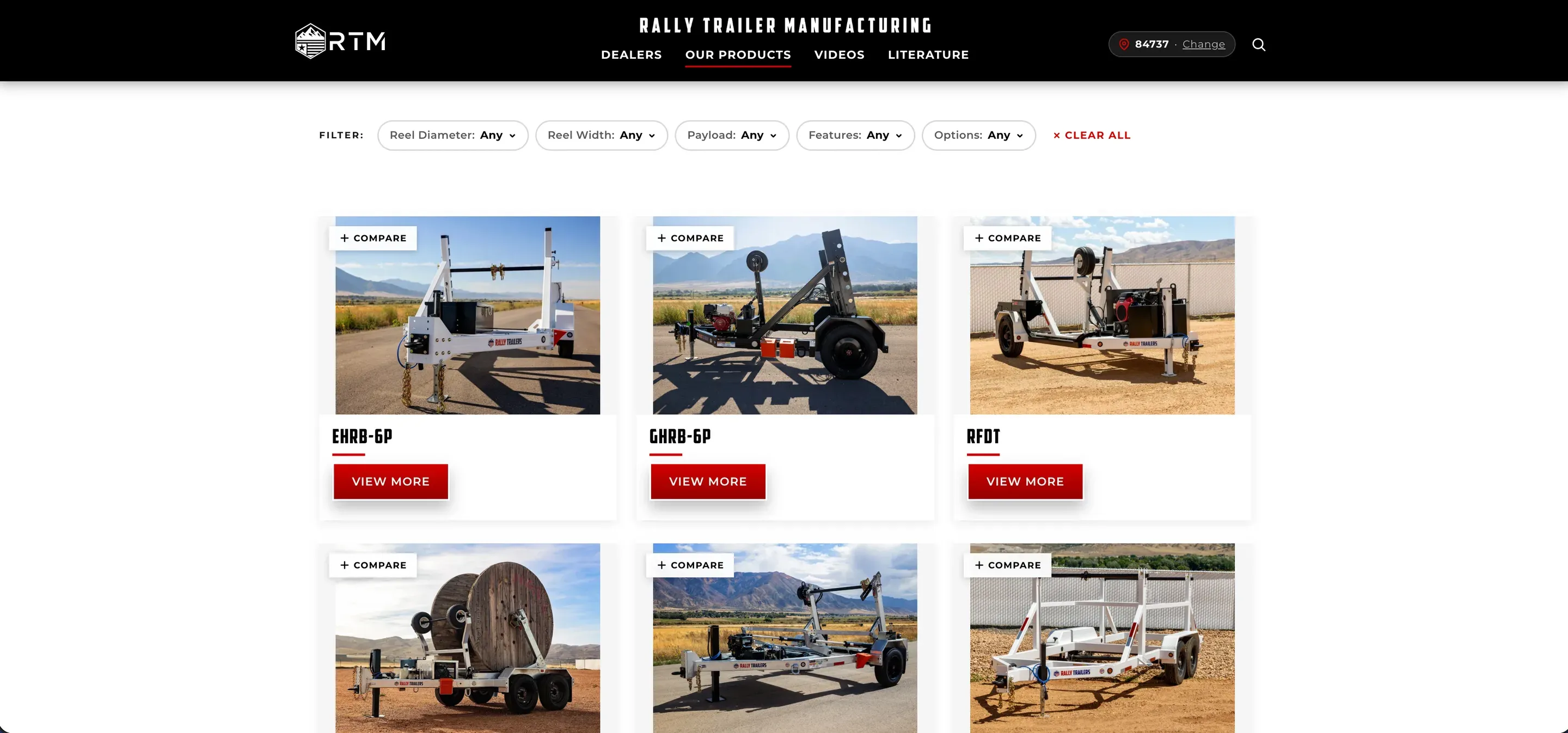 The 2026 trailer grid with a filter bar and a Compare checkbox on every trailer.