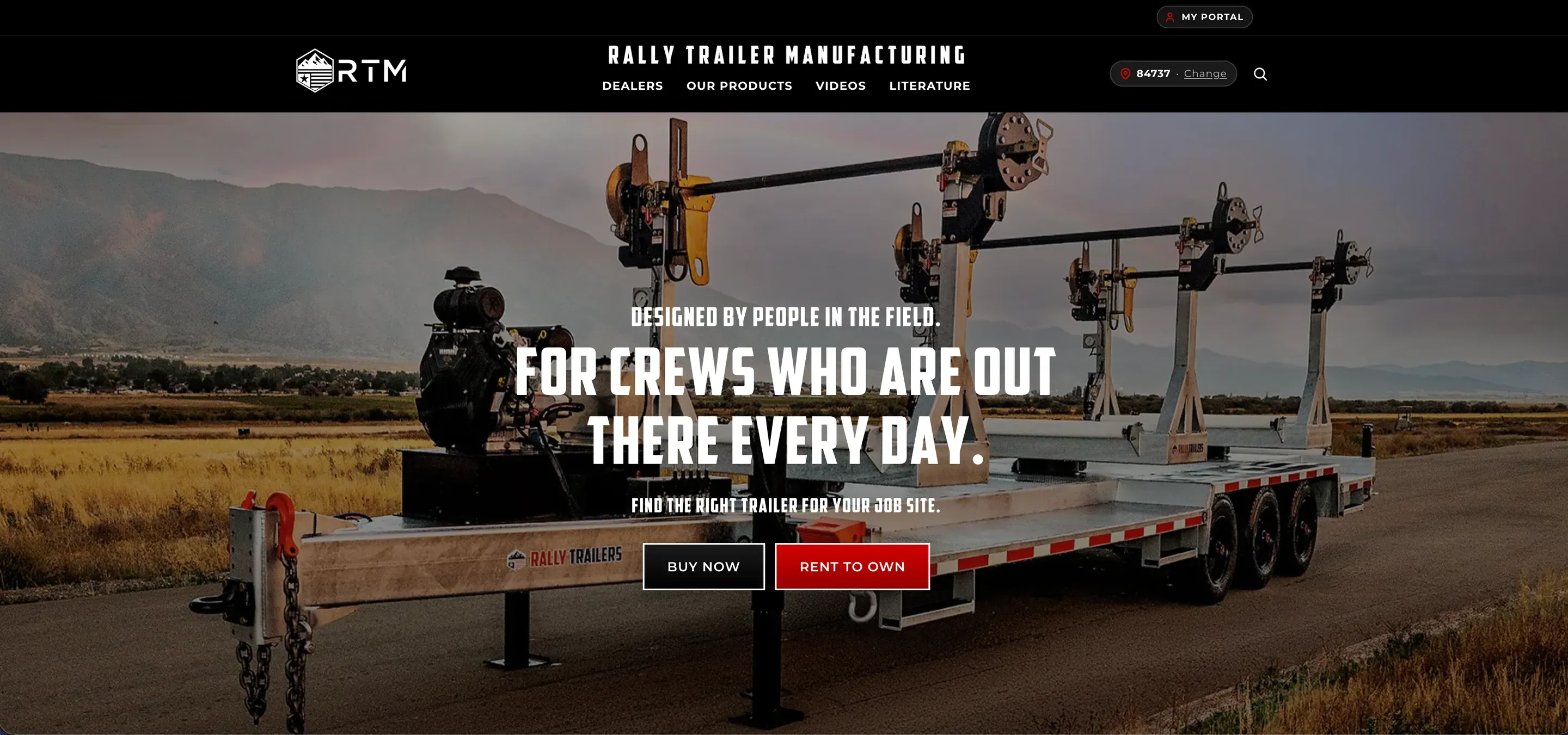 The 2026 custom theme home page — "Designed by people in the field. For crews who are out there every day." with Buy Now and Rent to Own.