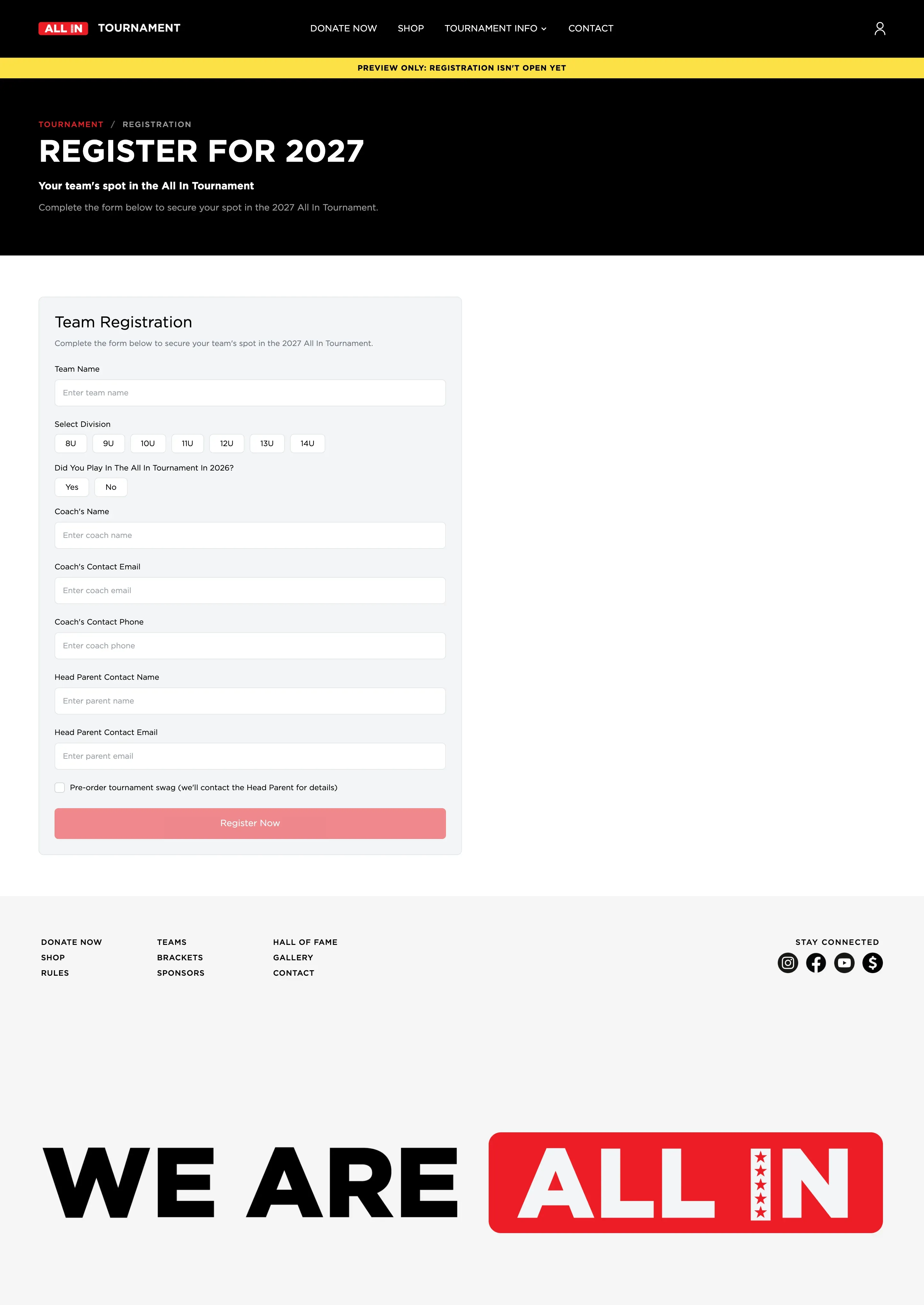 A preview of an earlier Register for 2027 page — a single Team Registration card with head parent contact fields and a pre-order swag checkbox, under a "Preview only, registration isn't open yet" banner.