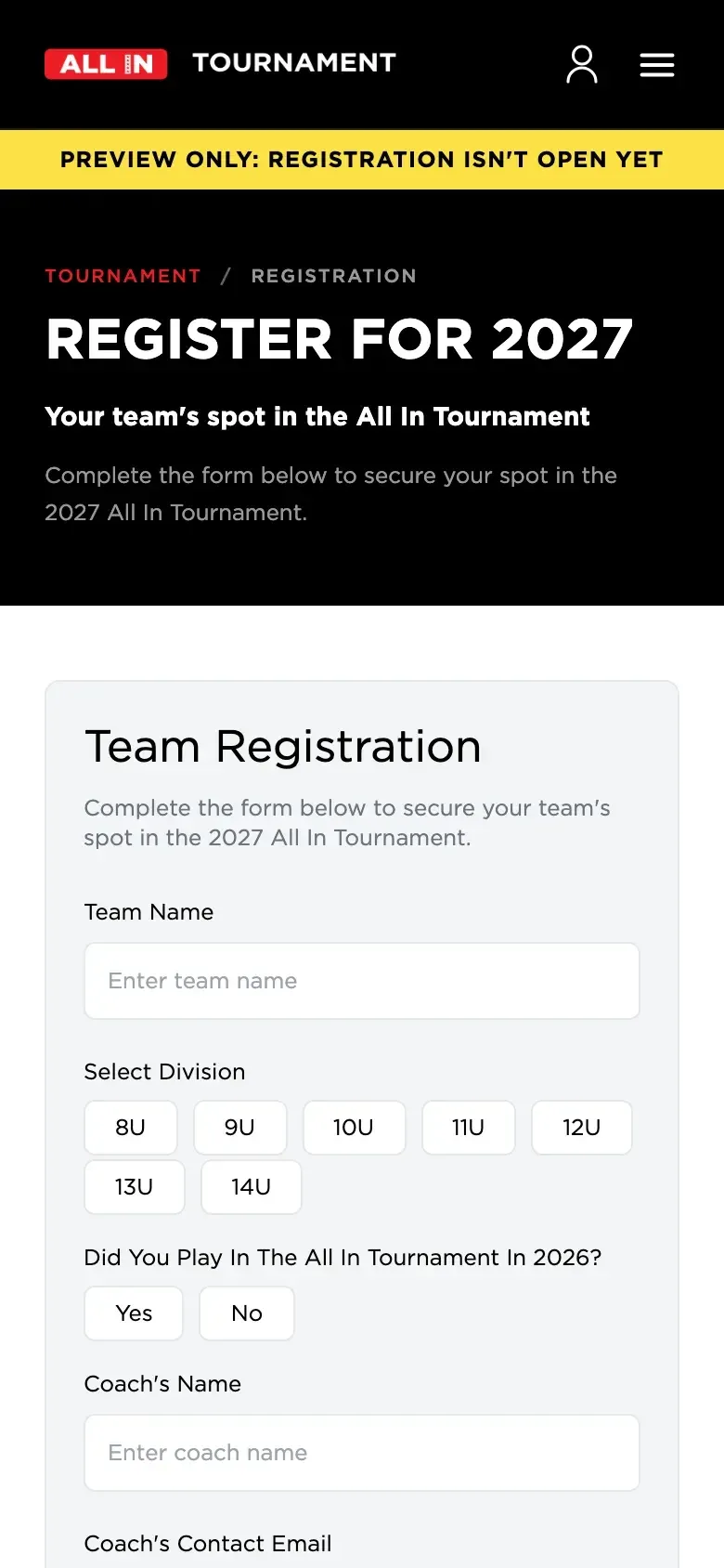 A preview of an earlier Register for 2027 page — a single Team Registration card with head parent contact fields and a pre-order swag checkbox, under a "Preview only, registration isn't open yet" banner.