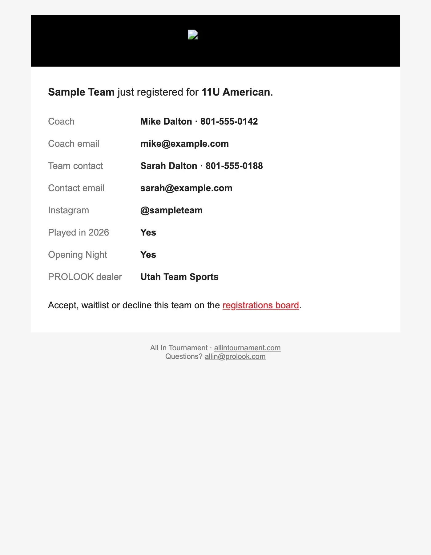 The notification the tournament receives when a team registers.