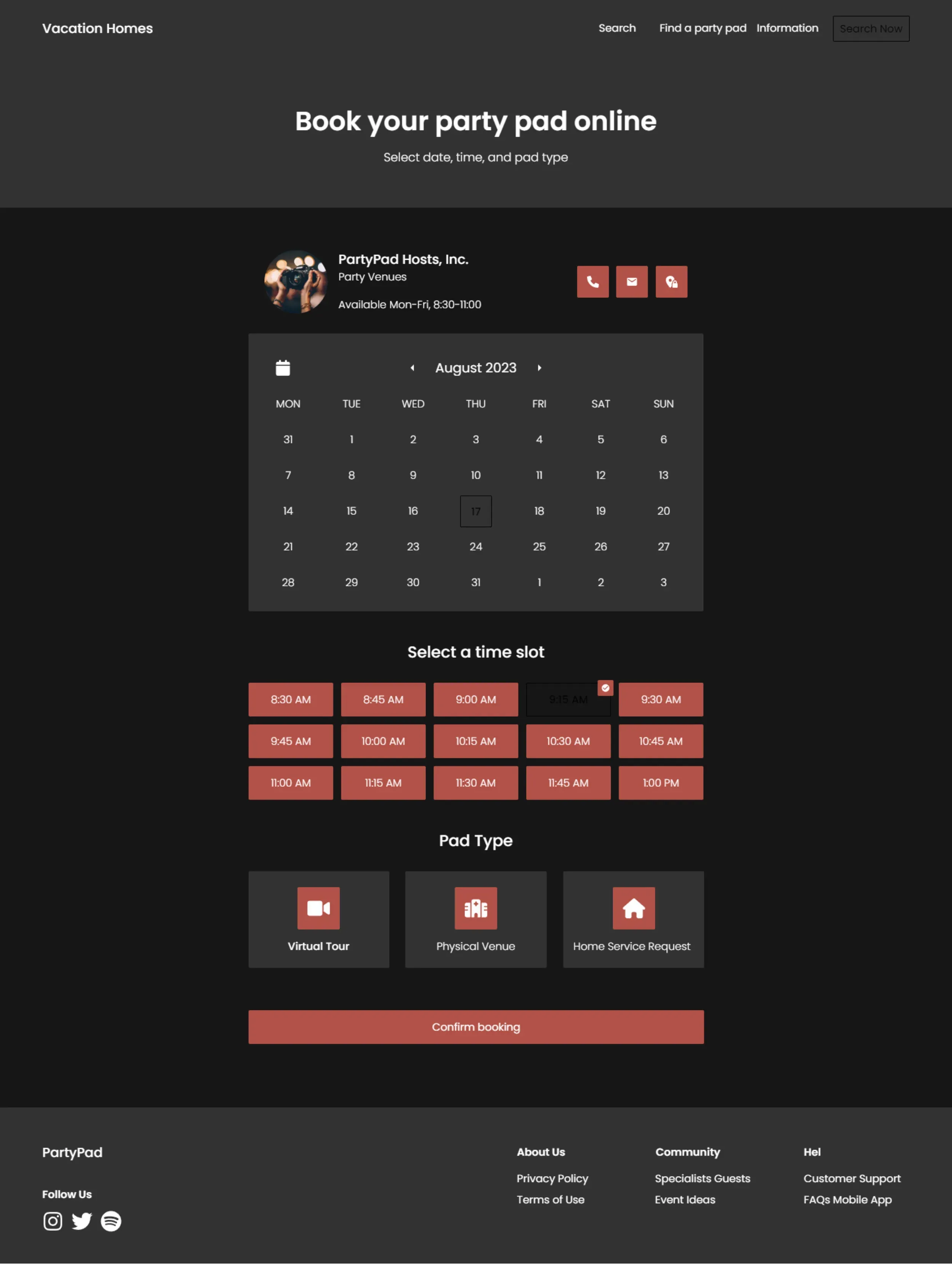 Booking calendar with date selection, time slots and pad type.