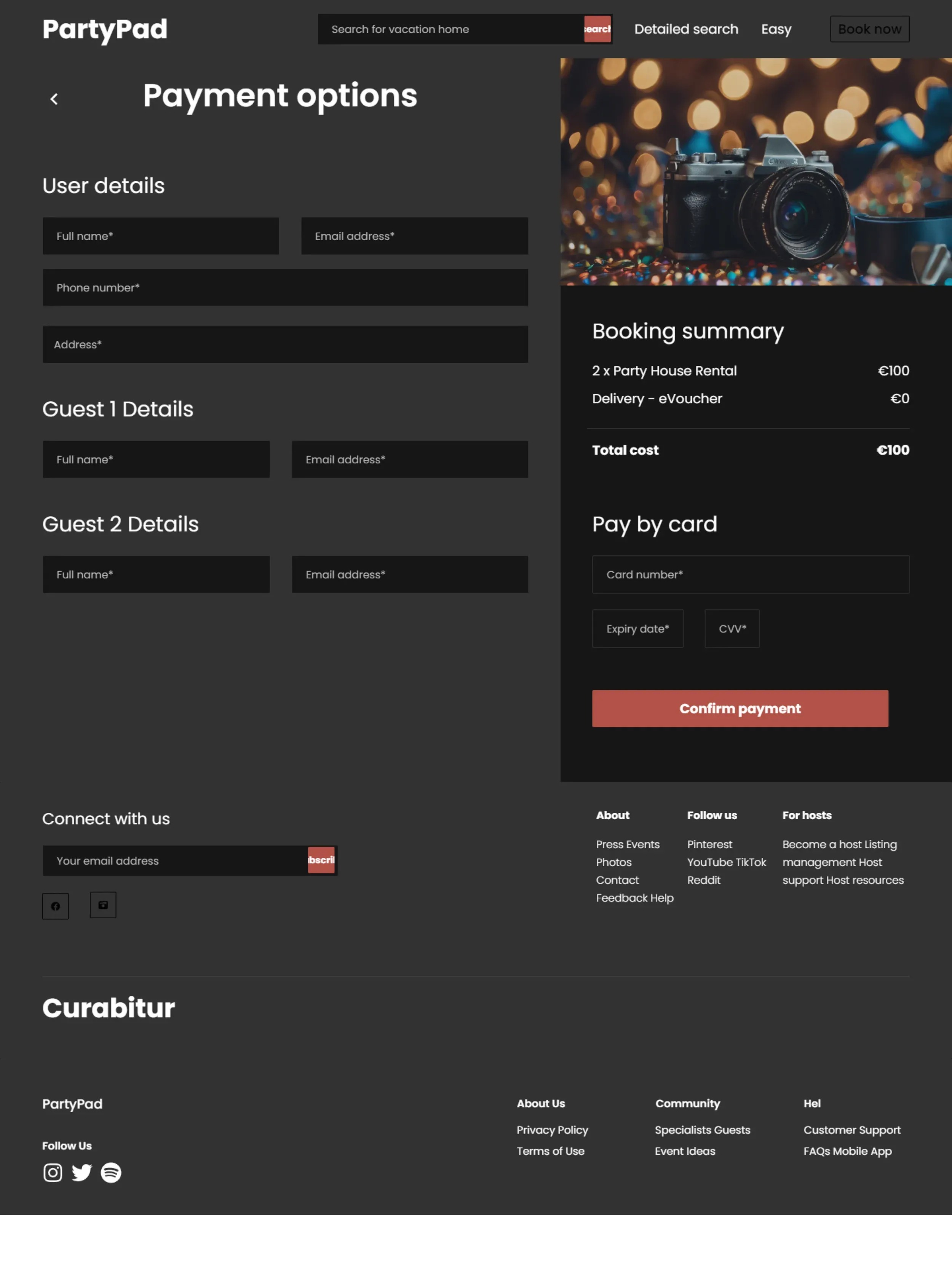 Payment options with user details, guest details and a running booking summary.