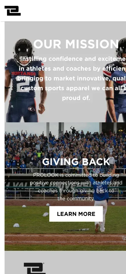 The About page — Our Mission over a football photo, Giving Back, and The ProLook Story.