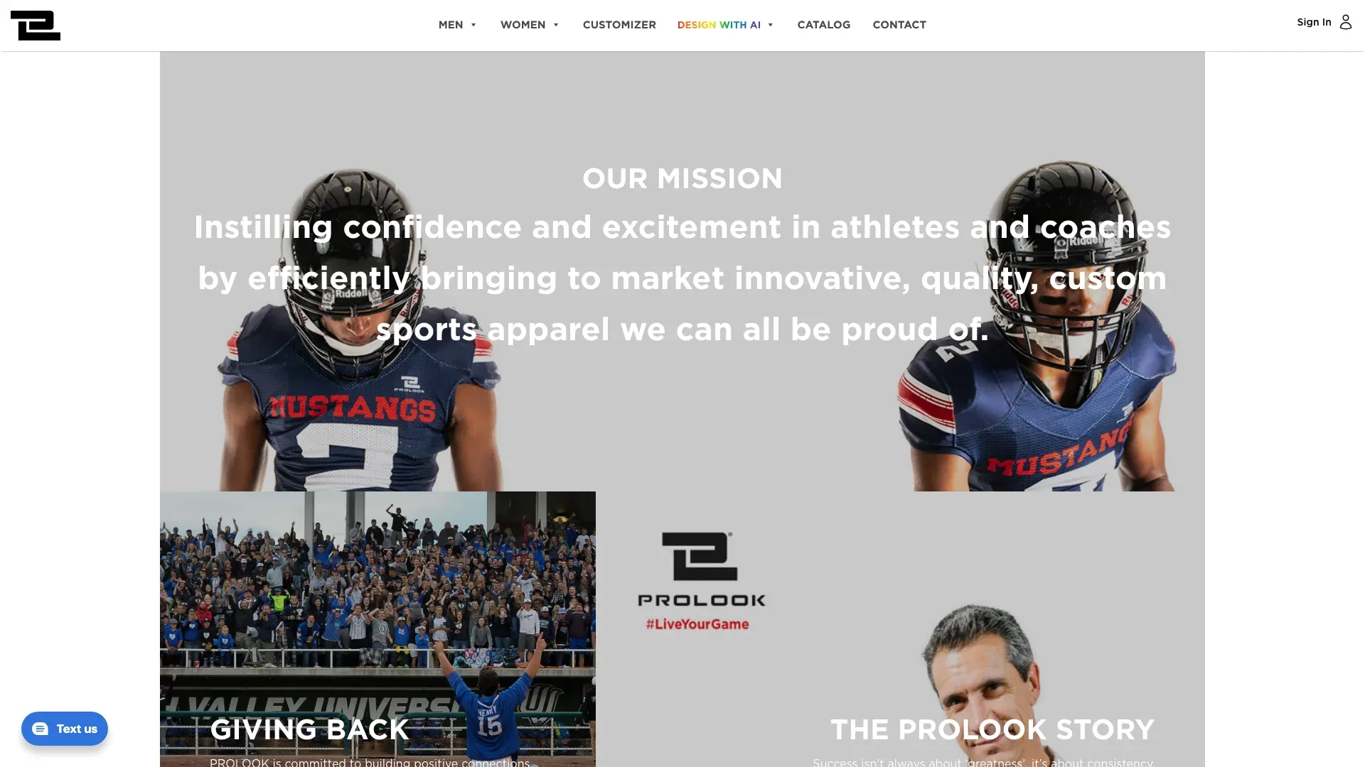 The About page — Our Mission over a football photo, Giving Back, and The ProLook Story.