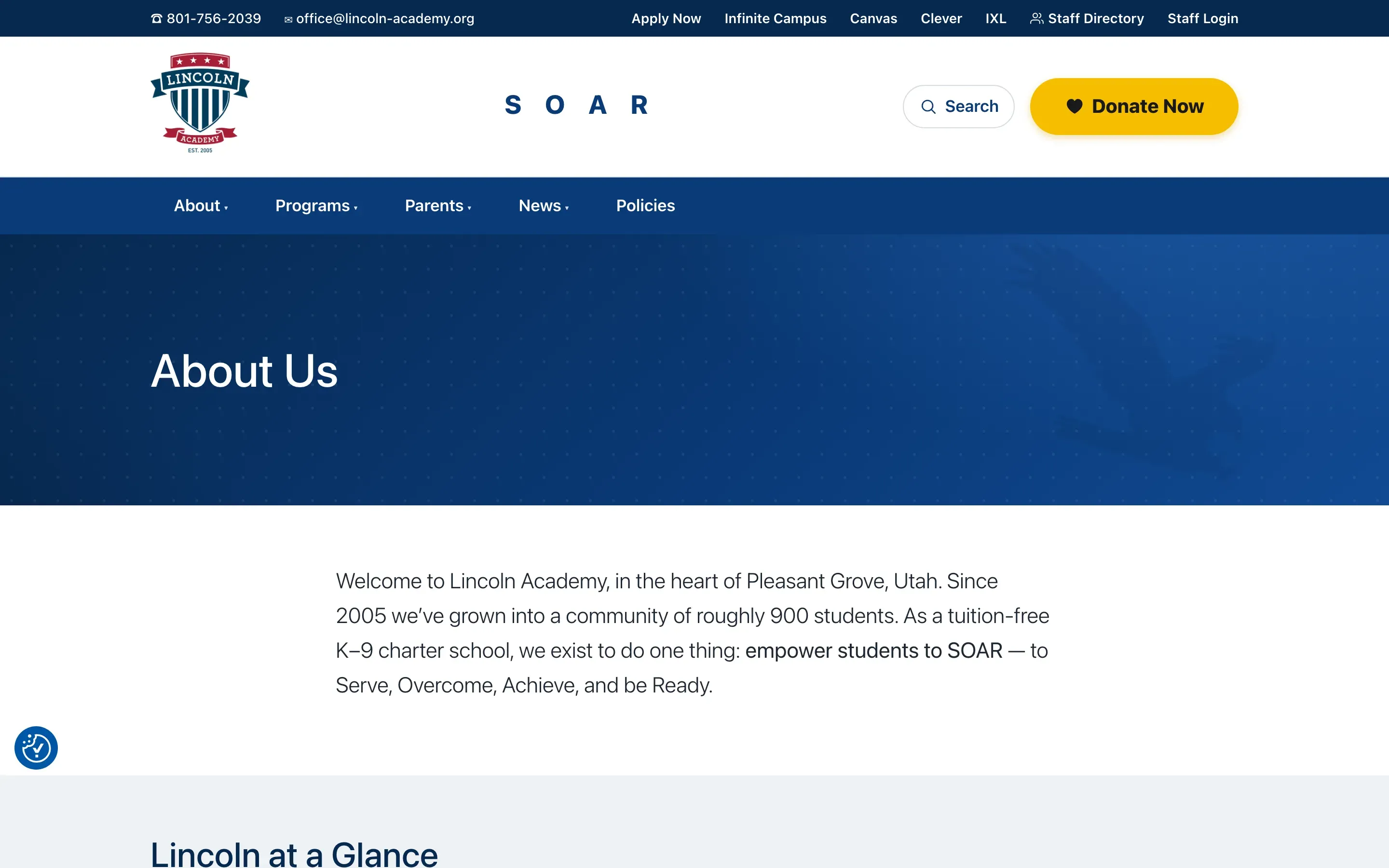 The new About Us page — the SOAR header, a blue title band, and a welcome paragraph about Lincoln Academy in Pleasant Grove.