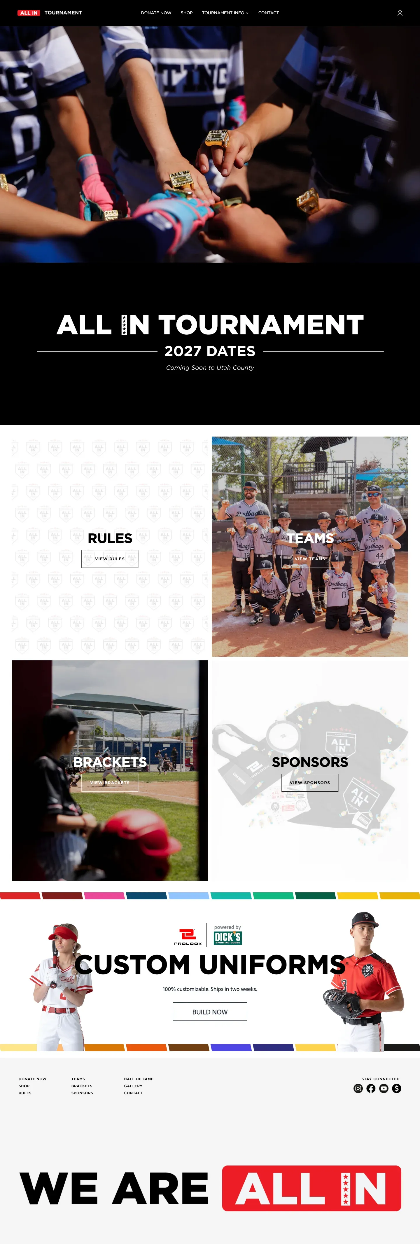 The whole home page at version 2.0.102 — the black navigation with the new logo, the 2027 dates, four photo tiles for Rules, Teams, Brackets and Sponsors, the staggered photo strip, and the footer with the WE ARE ALL IN wordmark.