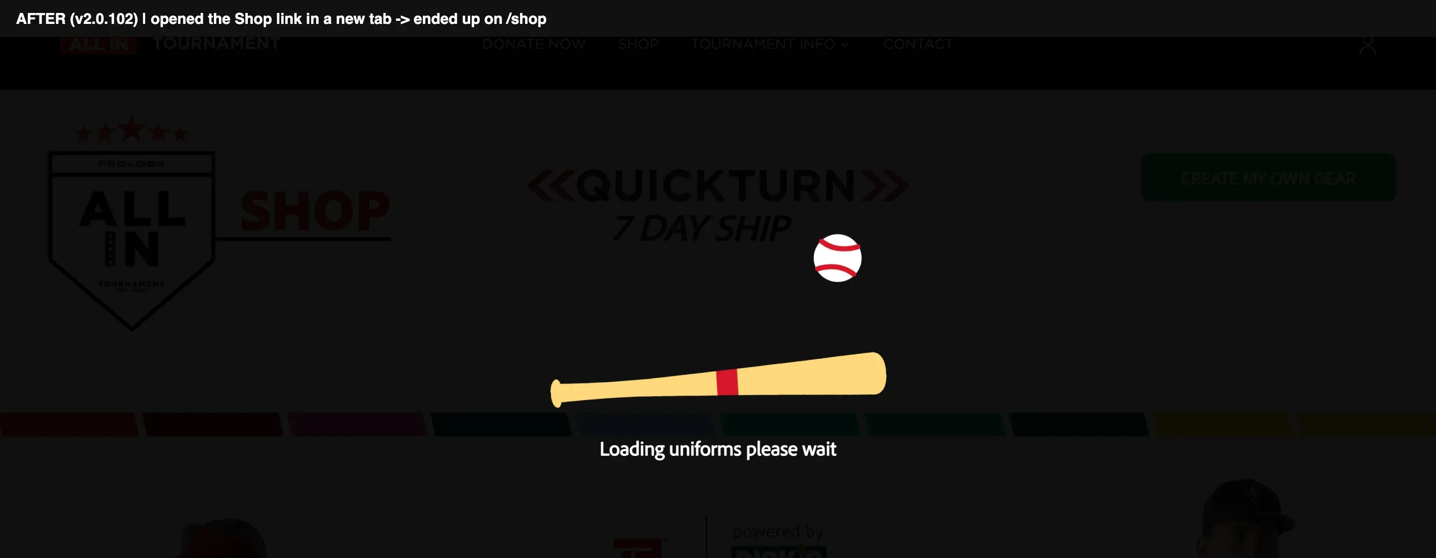 Labeled: after, v2.0.102, I opened the Shop link in a new tab and ended up on the Shop, loading.