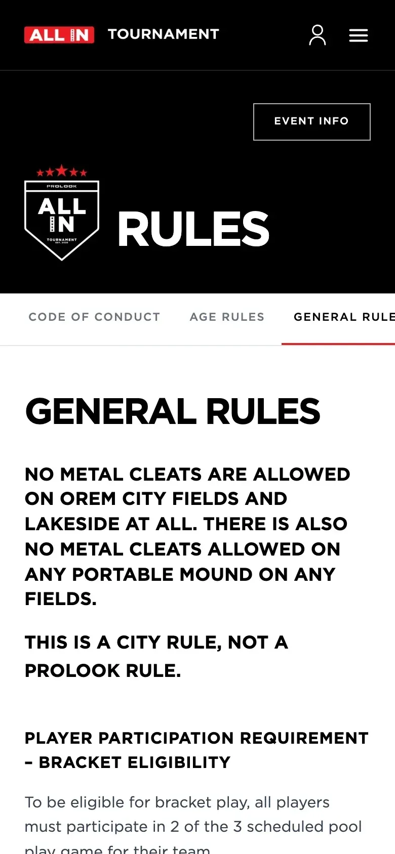 The rebuilt rules page on a phone, black header and white page.