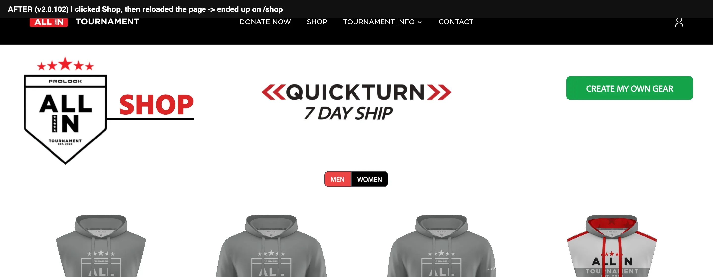 Labeled: after, v2.0.102, I clicked Shop, then reloaded the page, and stayed on the Shop.