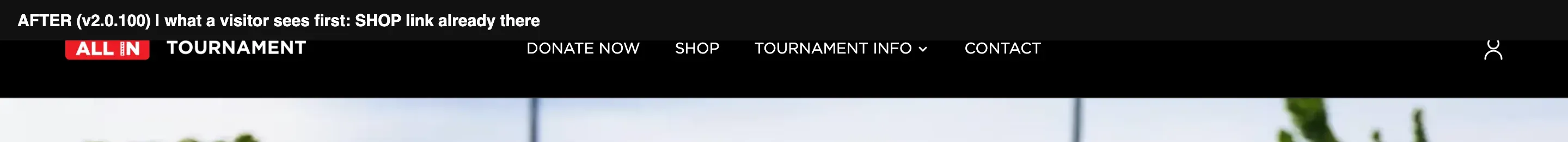 Labeled: after, v2.0.100, what a visitor sees first — the Shop link is already there.