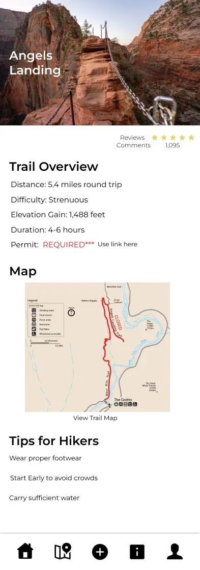 Angels Landing overview with distance, difficulty, elevation gain, duration, permit requirement, a map and tips for hikers.