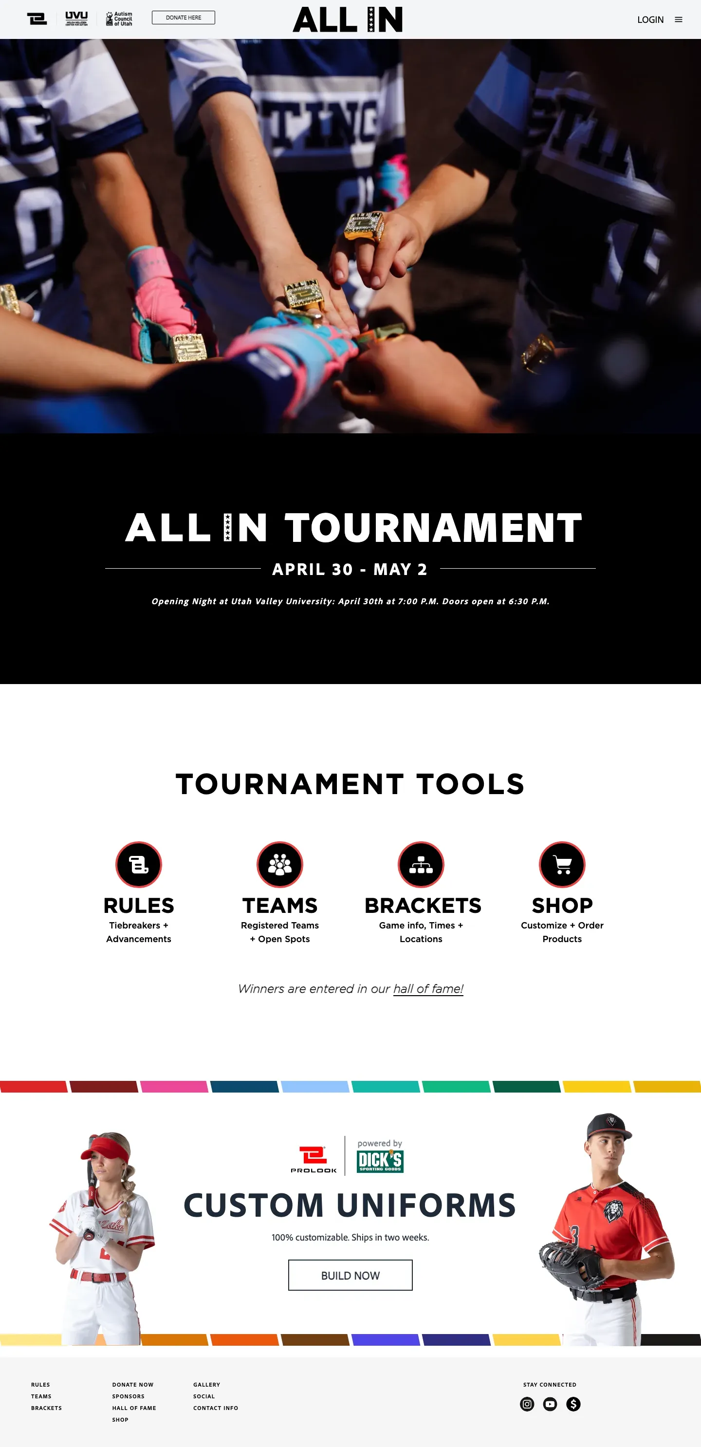 The whole home page at version 2.0.94 — a white header with partner logos, the April 30 to May 2 dates, the Tournament Tools icon row with Shop, the Custom Uniforms block, and the footer.