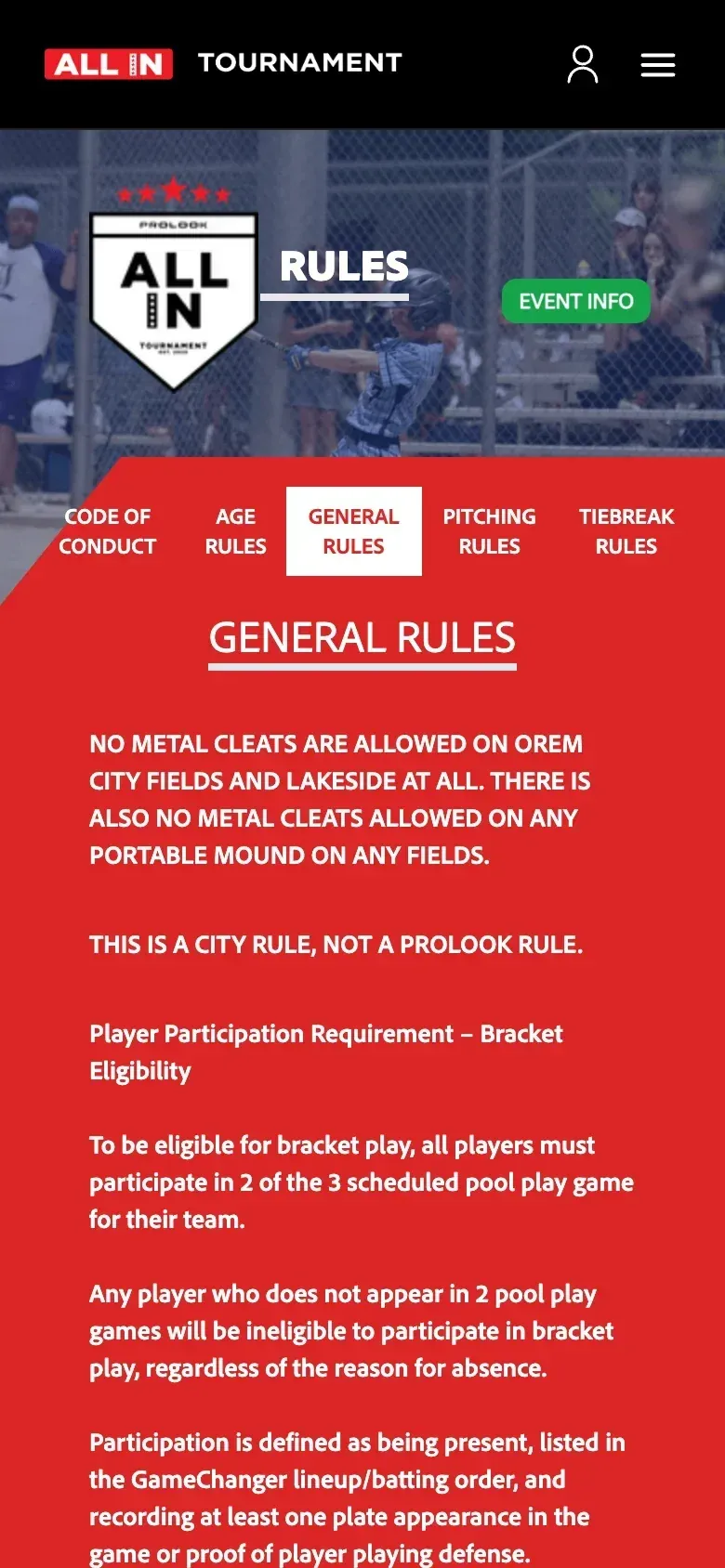The old rules page on a phone, white text on a solid red background.
