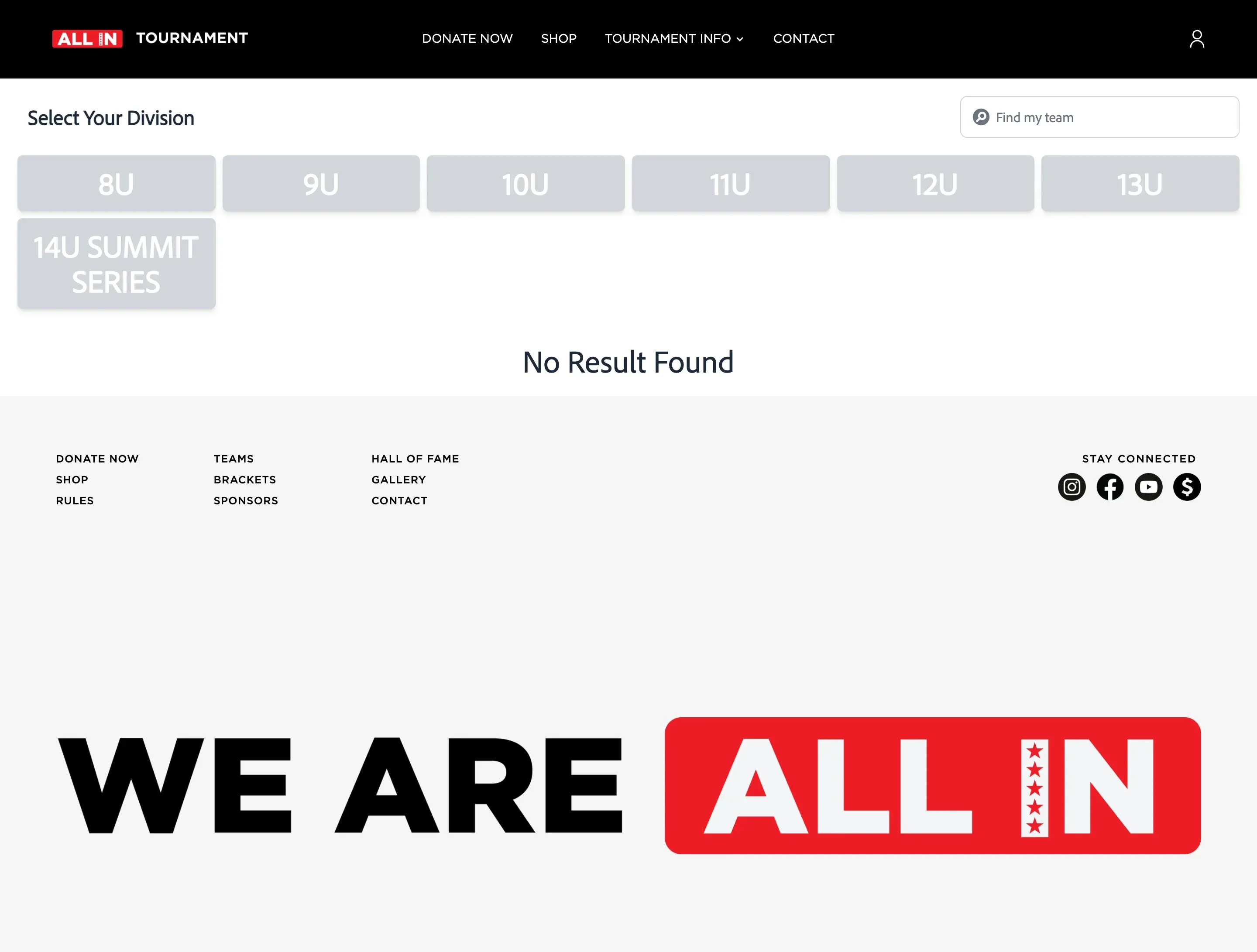 The old brackets page with grey division buttons.