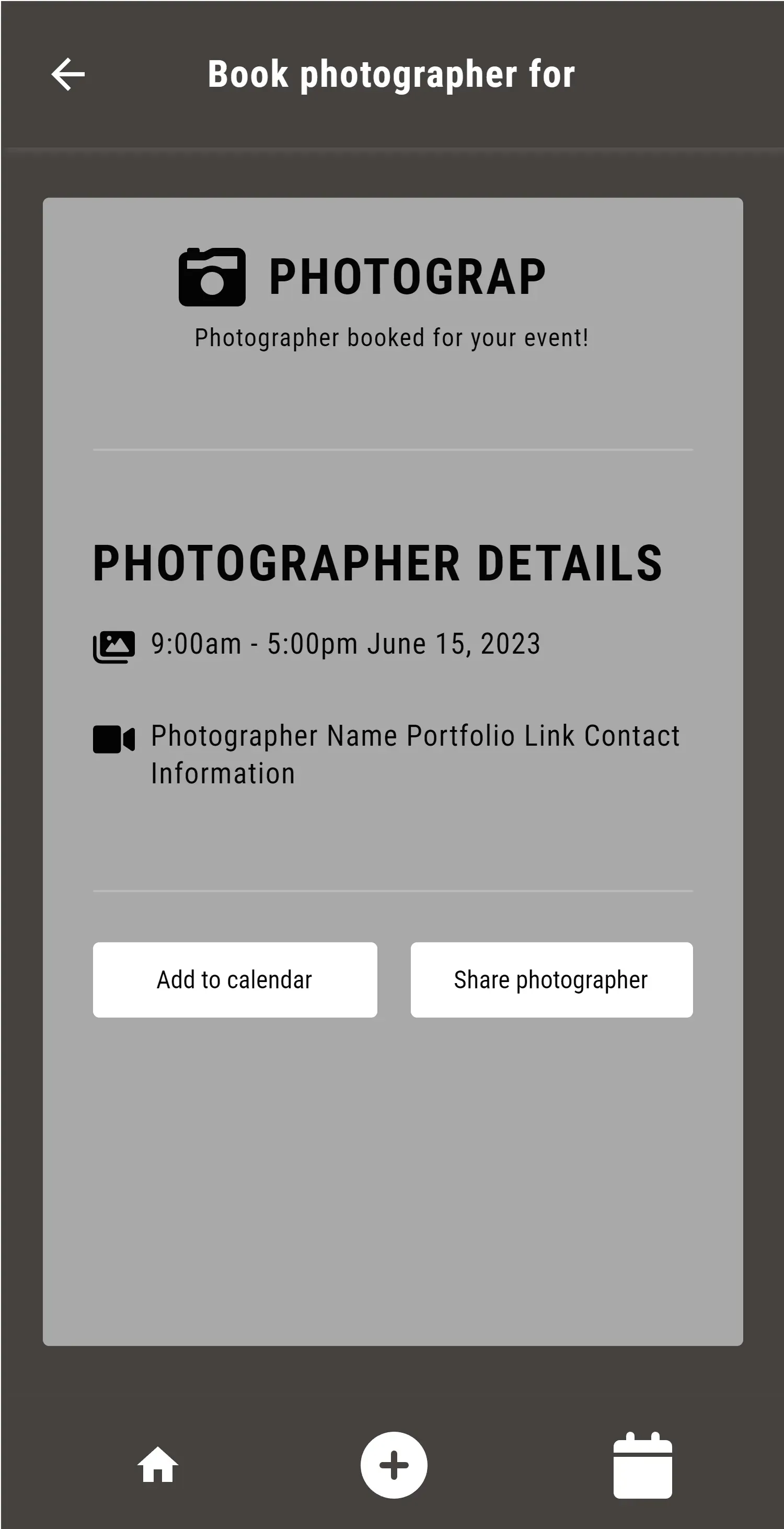 Booking confirmation showing photographer, date, time and contact information.