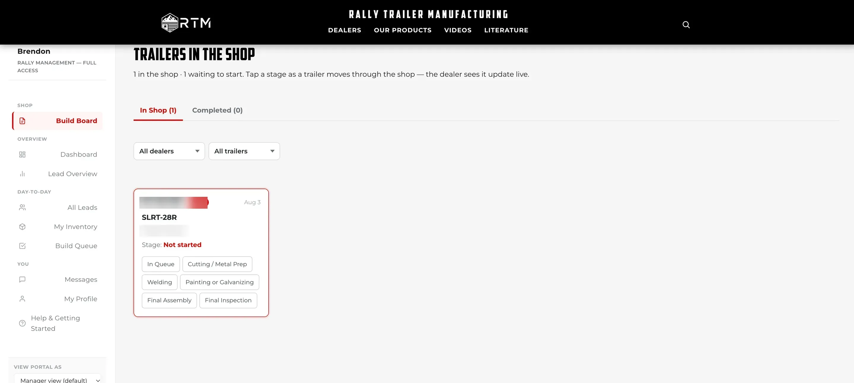 The "Trailers in the shop" board — an order card with buttons for each production stage, In Queue through Final Inspection.