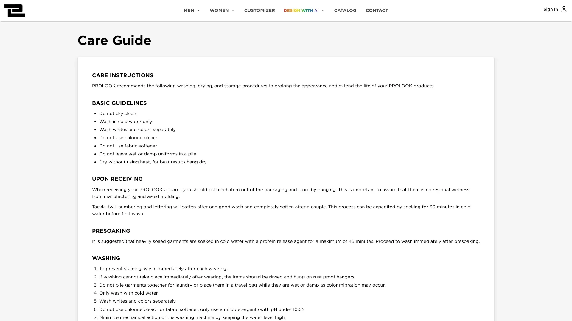 The Care Guide page, a bordered card of care instructions, basic guidelines and washing steps.