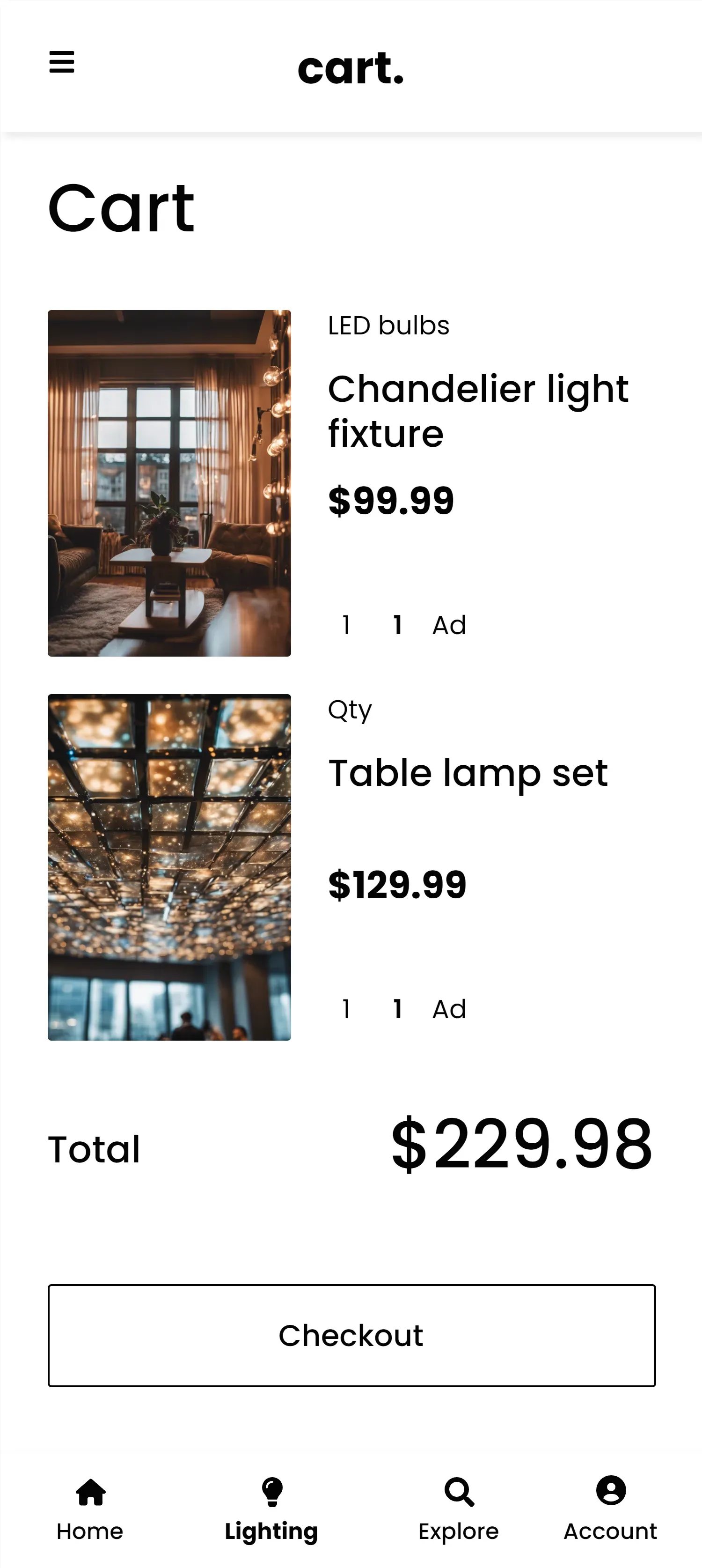 Cart with a chandelier light fixture and table lamp set, totaling $229.98.