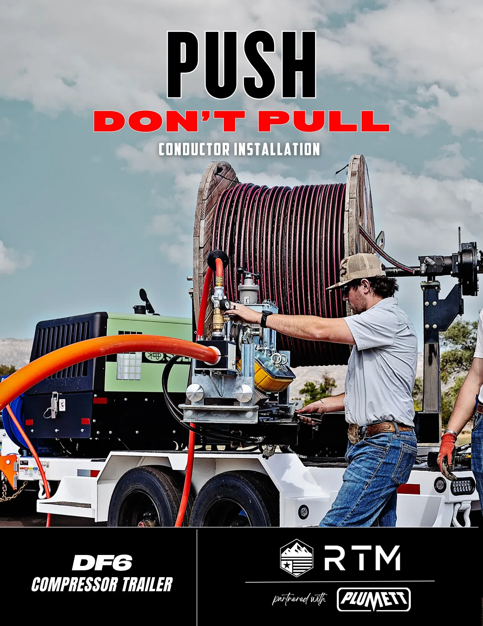 An energy catalog page, "Push don't pull", showing a compressor trailer in use.