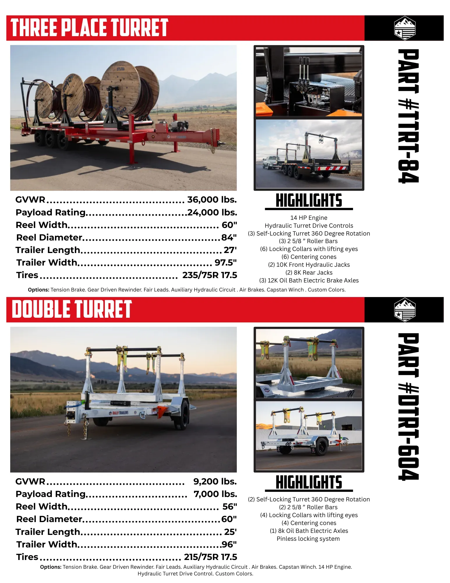 An energy catalog spec page for the Three Place Turret and Double Turret trailers.
