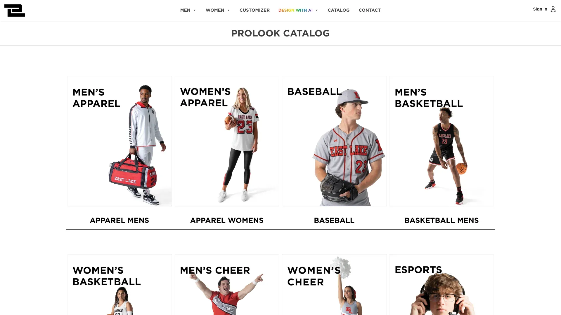 The ProLook Catalog grid of categories — men's apparel, women's apparel, baseball, men's basketball and more.
