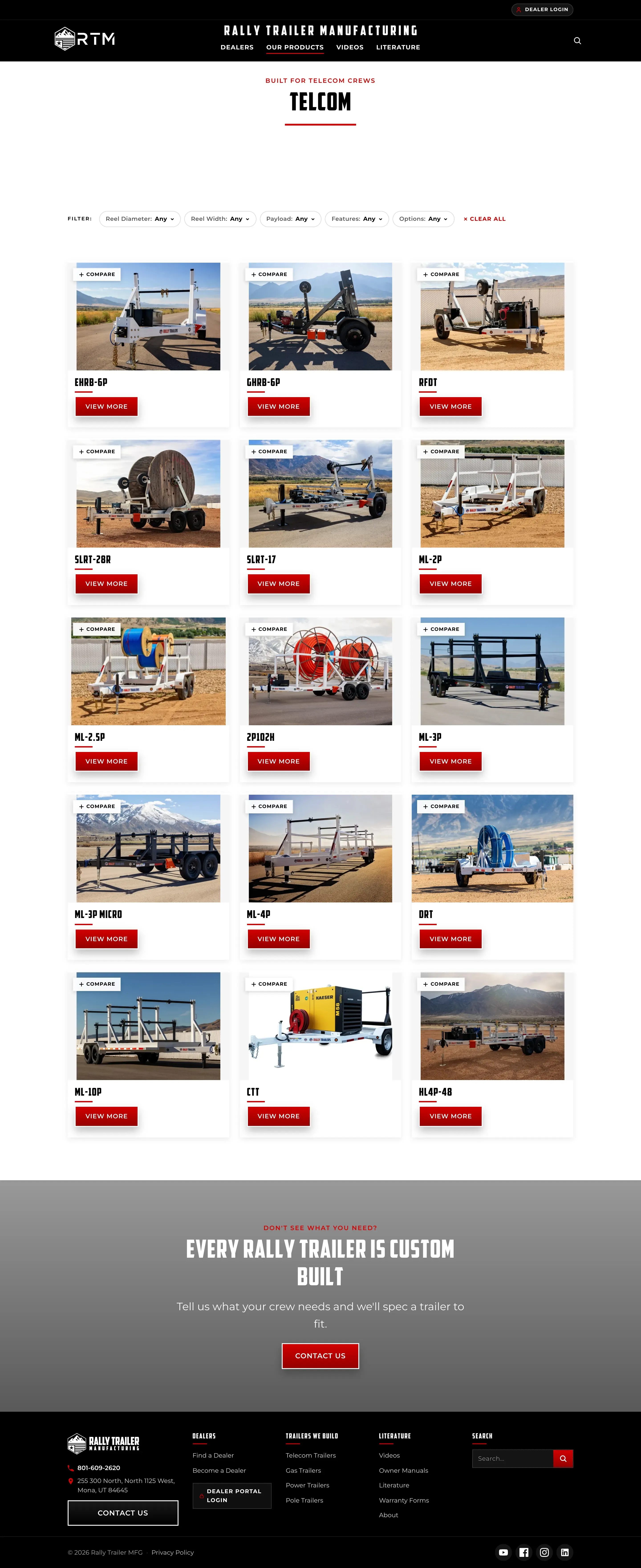The full Telecom trailers category page — filters, then a grid of trailers each with a Compare checkbox.