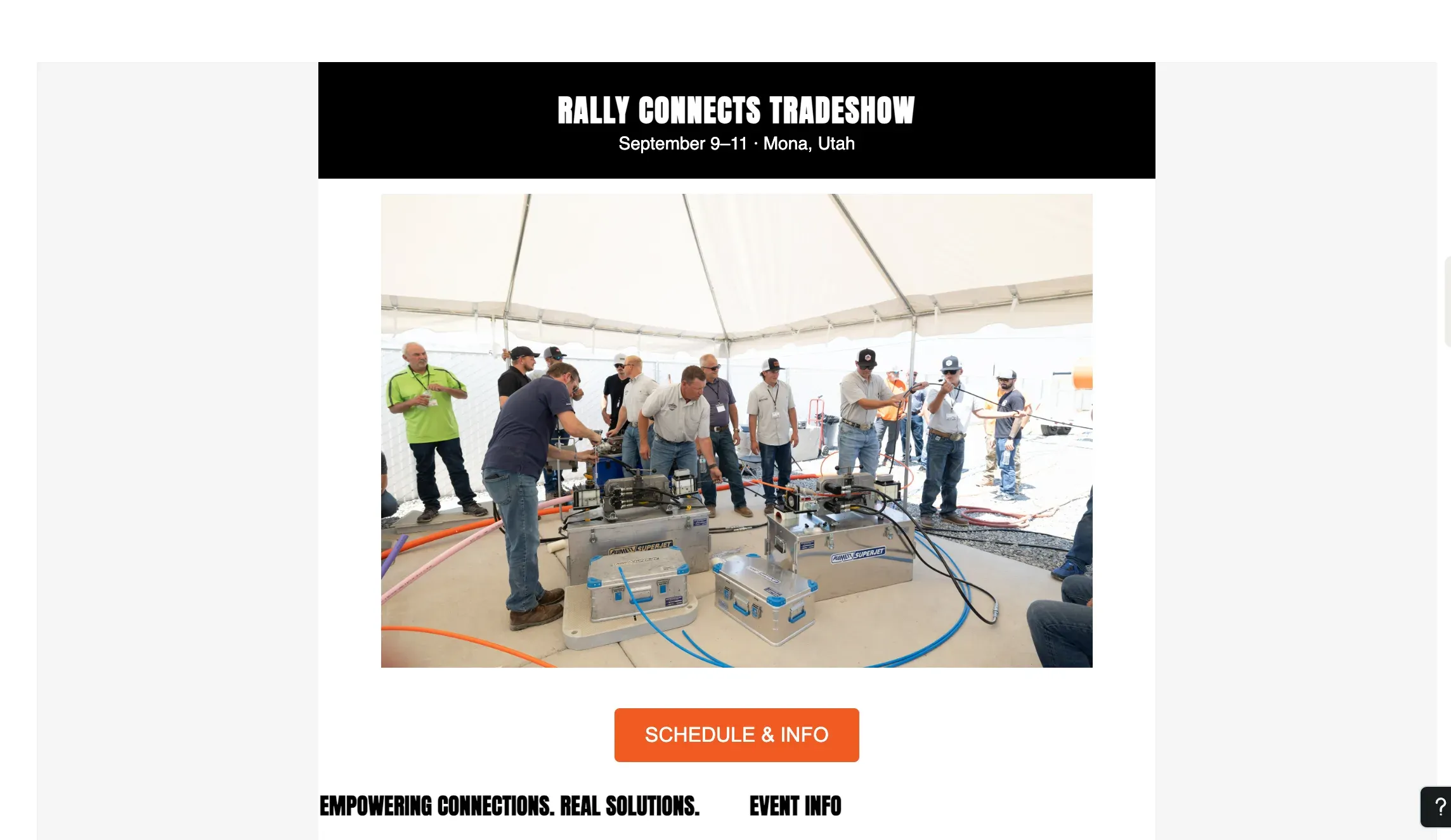 The Rally Connects Tradeshow email header, "September 9–11 · Mona, Utah", with a photo of a demo under a tent and a Schedule & Info button.