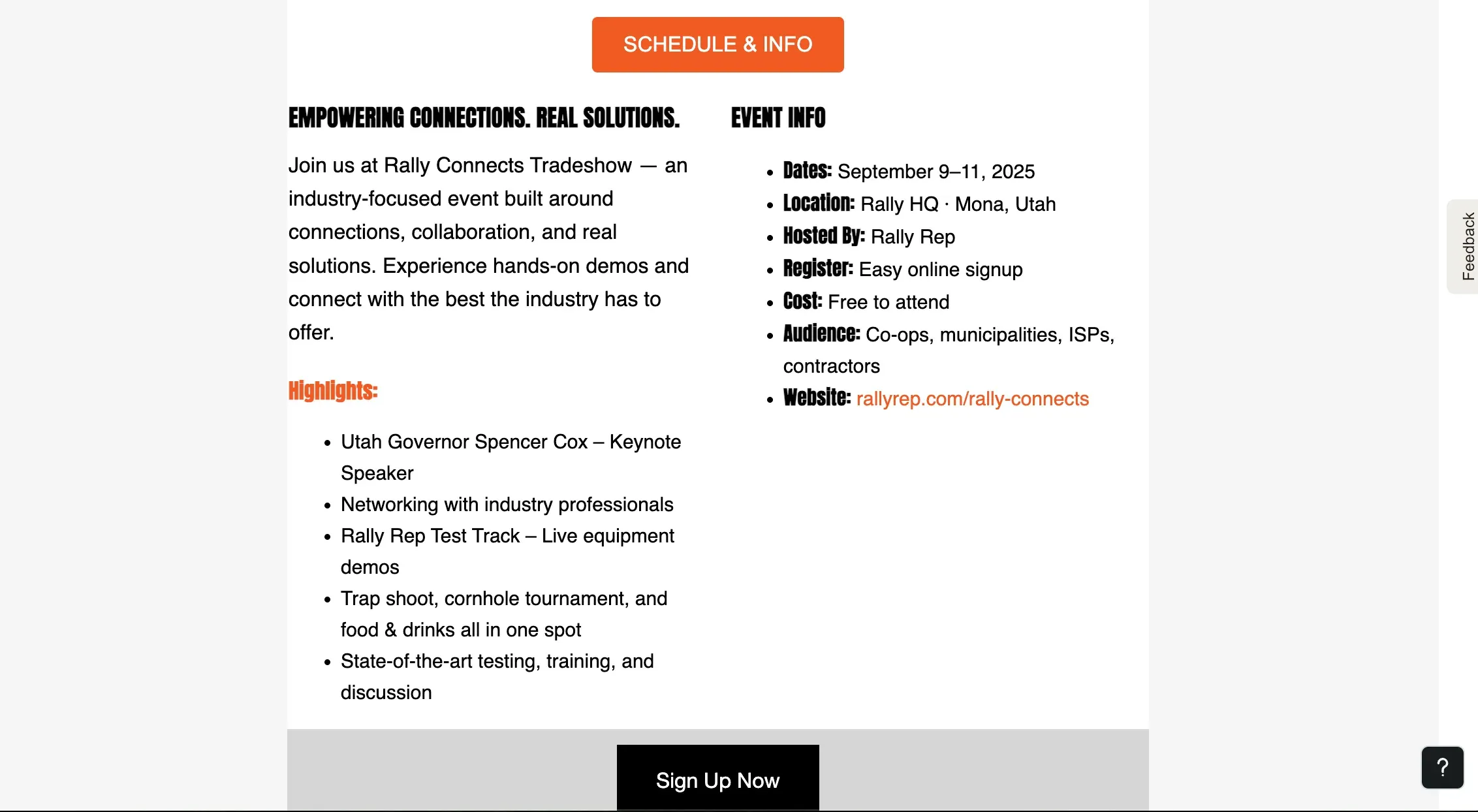 The event info section of the Rally Connects email, listing dates, location, host, registration, cost, audience and highlights including a keynote by Utah Governor Spencer Cox.