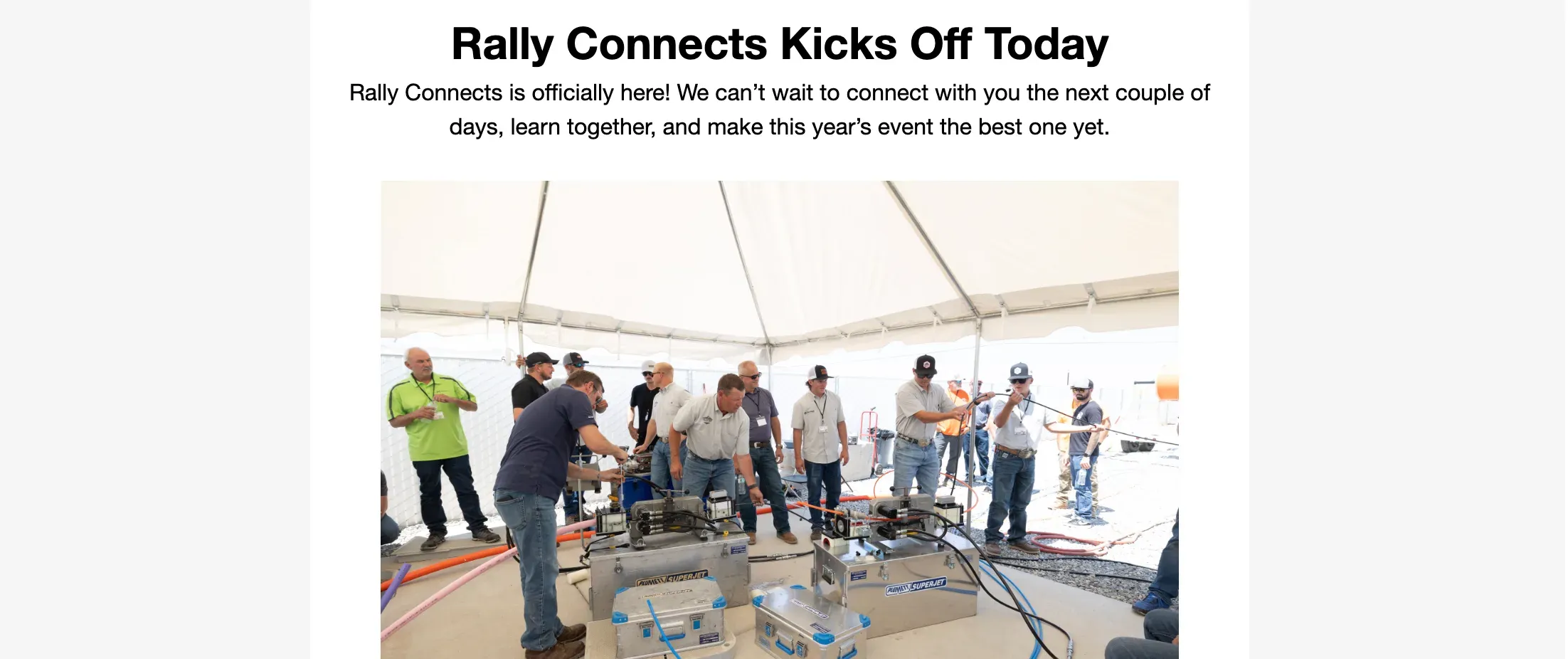 The "Rally Connects Kicks Off Today" email, with a short intro and a photo of attendees at a live demo.