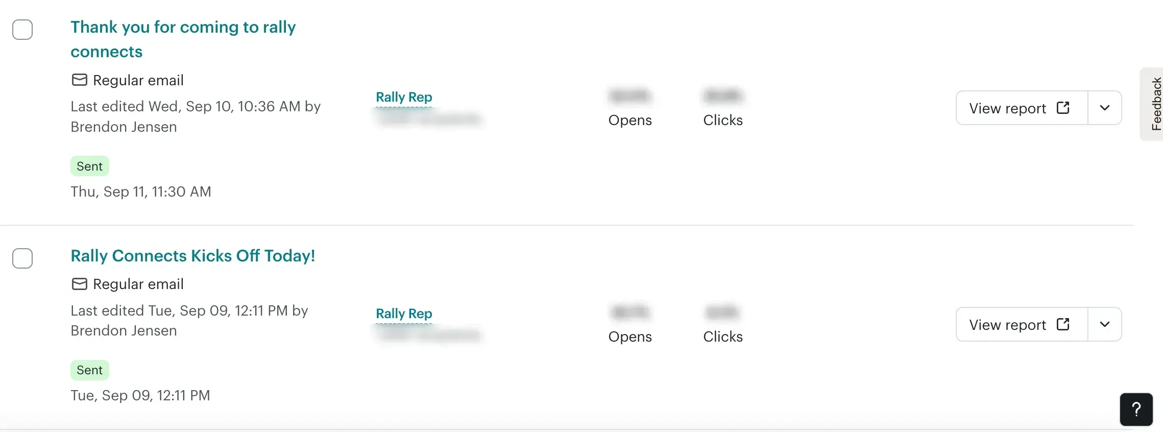 The Mailchimp campaign list showing the "Rally Connects Kicks Off Today!" and "Thank you for coming to rally connects" emails, with recipient counts and rates blurred.