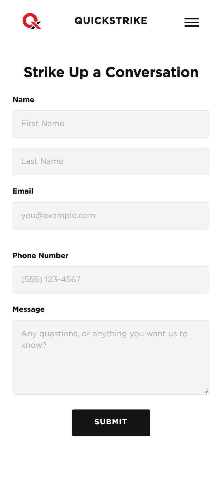 The QuickStrike contact form on a phone.