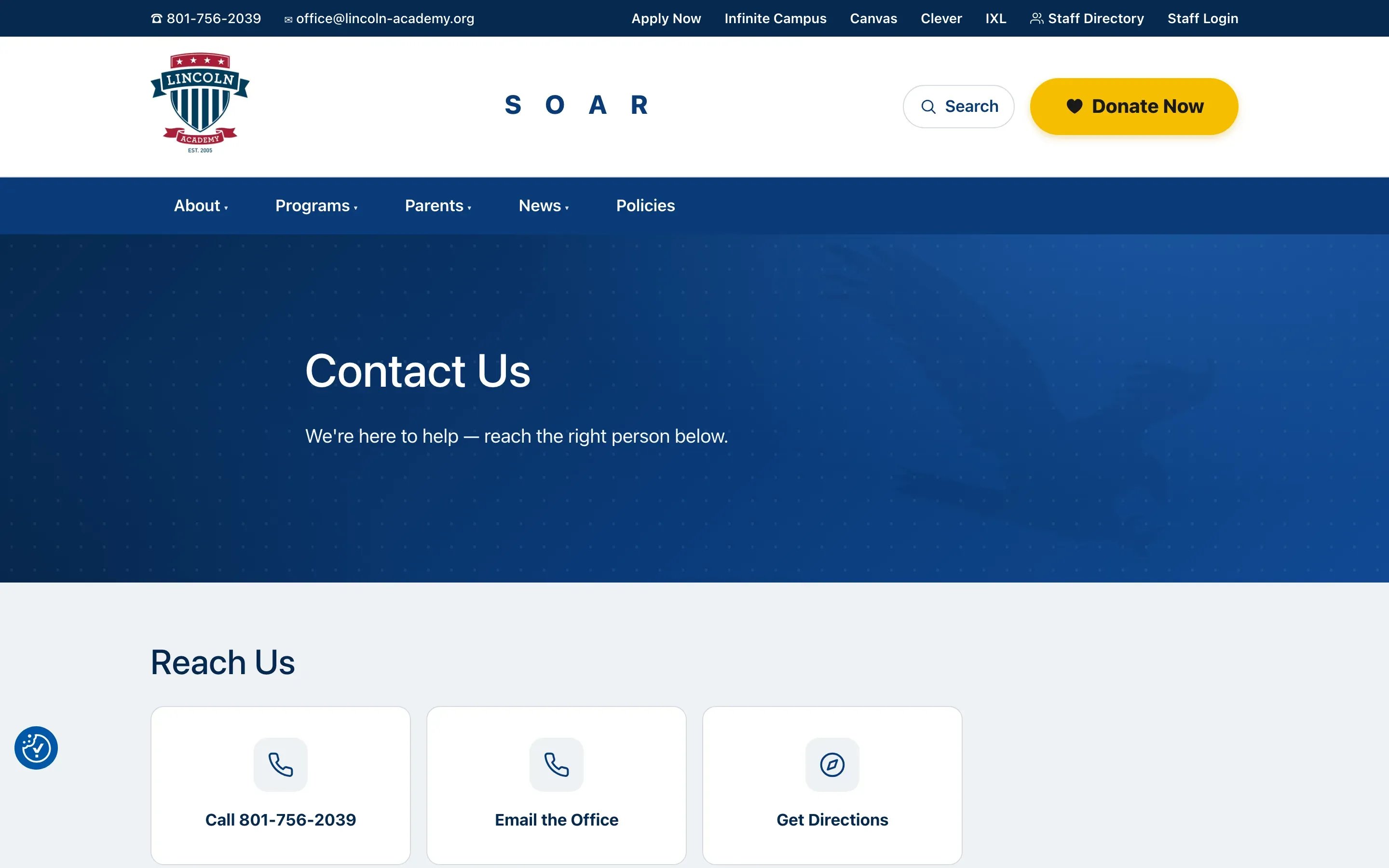 The new Contact Us page — "We're here to help — reach the right person below", then Call, Email the Office and Get Directions under Reach Us.