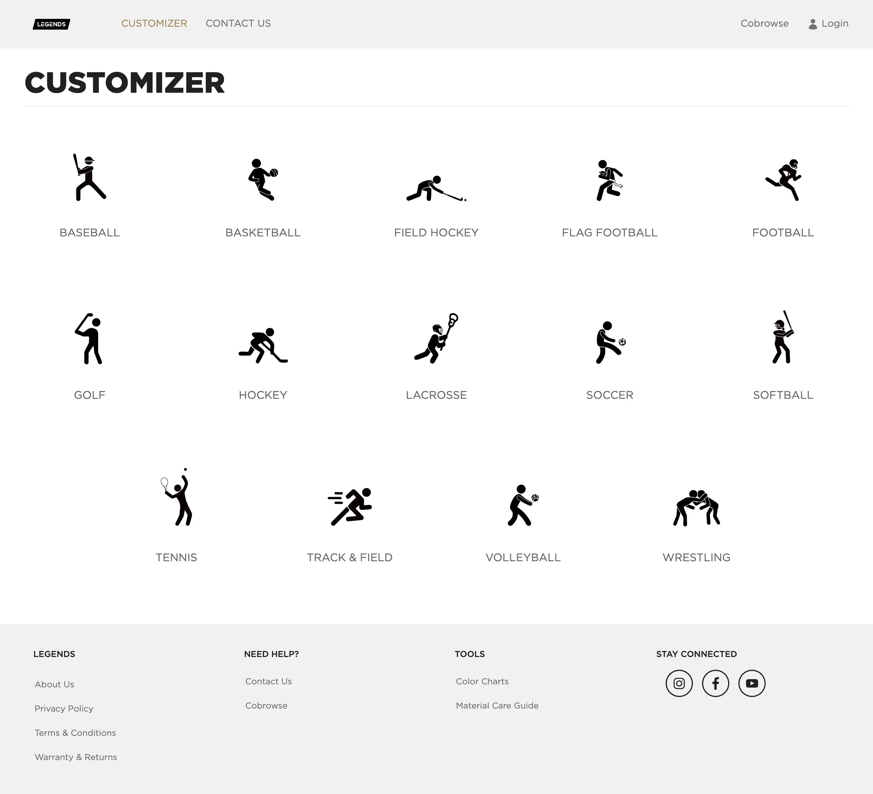 PROLOOK's customizer sport picker at legends.qstrike.com, a grid of sport icons from baseball to wrestling.