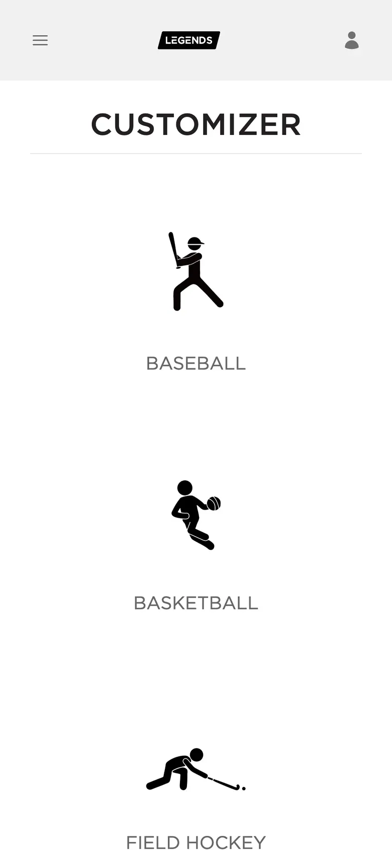 PROLOOK's customizer sport picker at legends.qstrike.com, a grid of sport icons from baseball to wrestling.