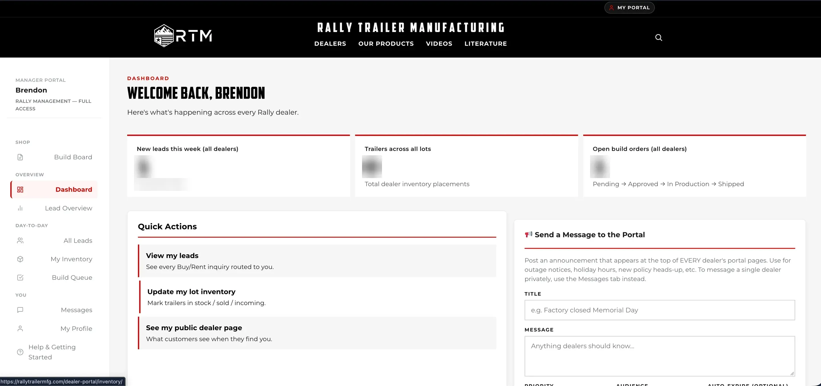 The portal dashboard — new leads, trailers across all lots and open build orders, with quick actions and a message box for every dealer.