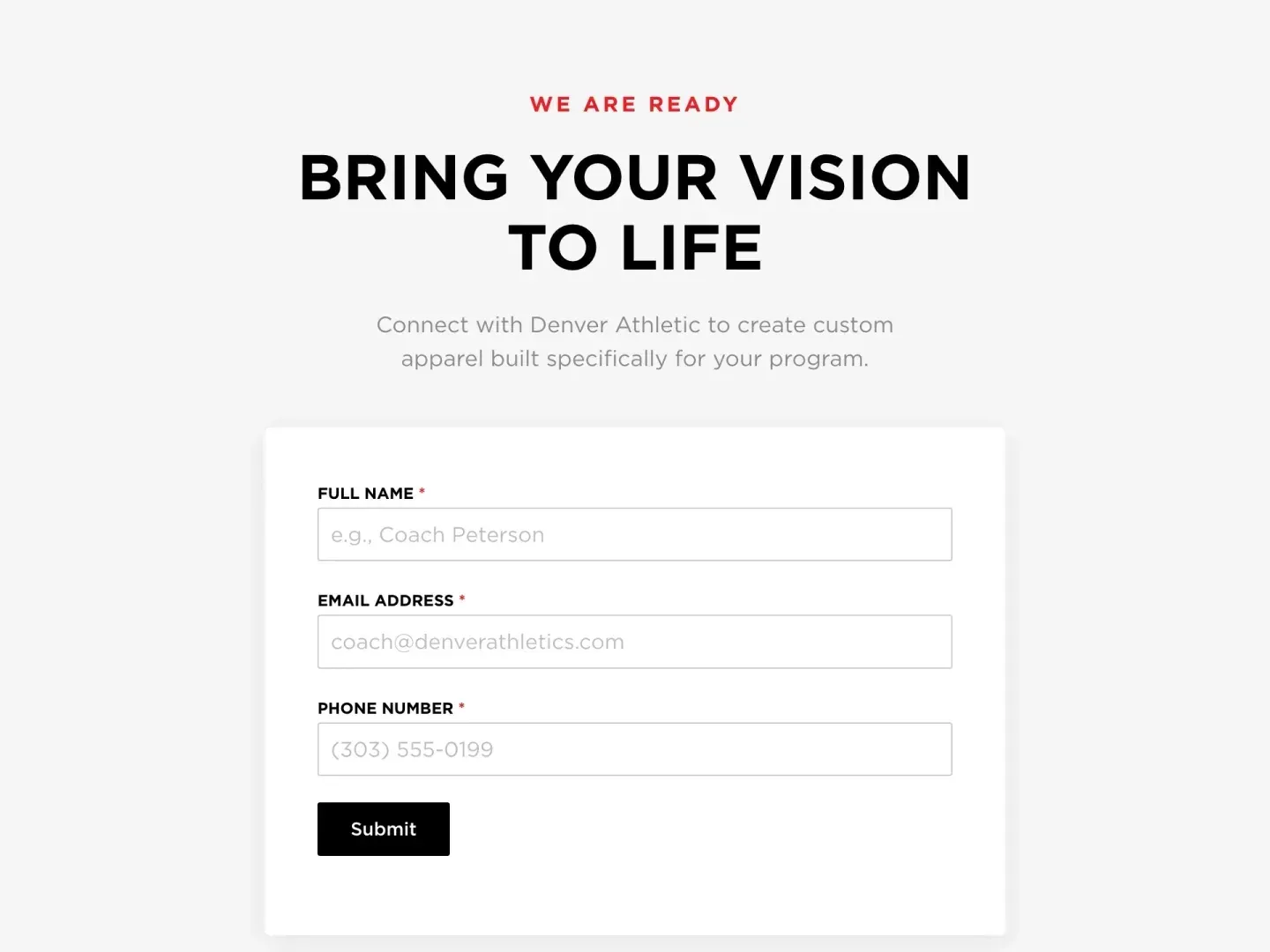 The Bring Your Vision to Life form, with full name, email and phone fields and a submit button.