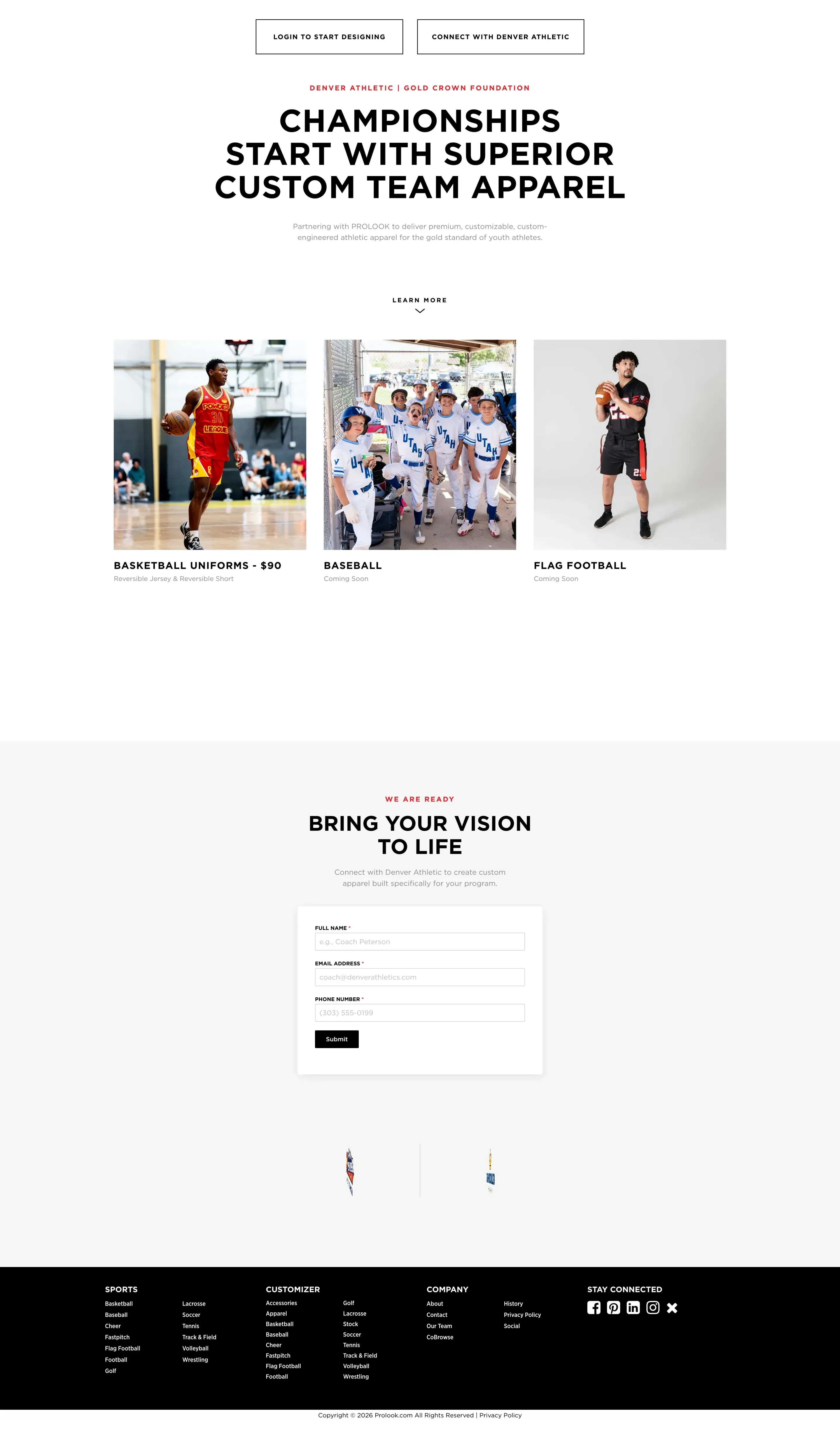The Denver Athletic and Gold Crown Foundation partner page below its opening video — two buttons, the Championships Start With Superior Custom Team Apparel headline, three product tiles for basketball, baseball and flag football, the Bring Your Vision to Life form and the footer.