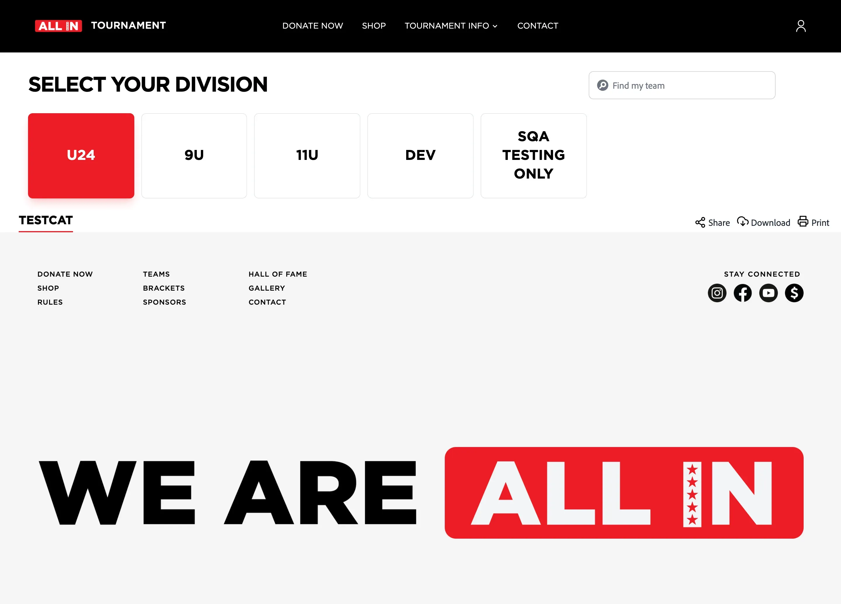 The rebuilt brackets page, with the division buttons as outlined cards and the selected one filled red.