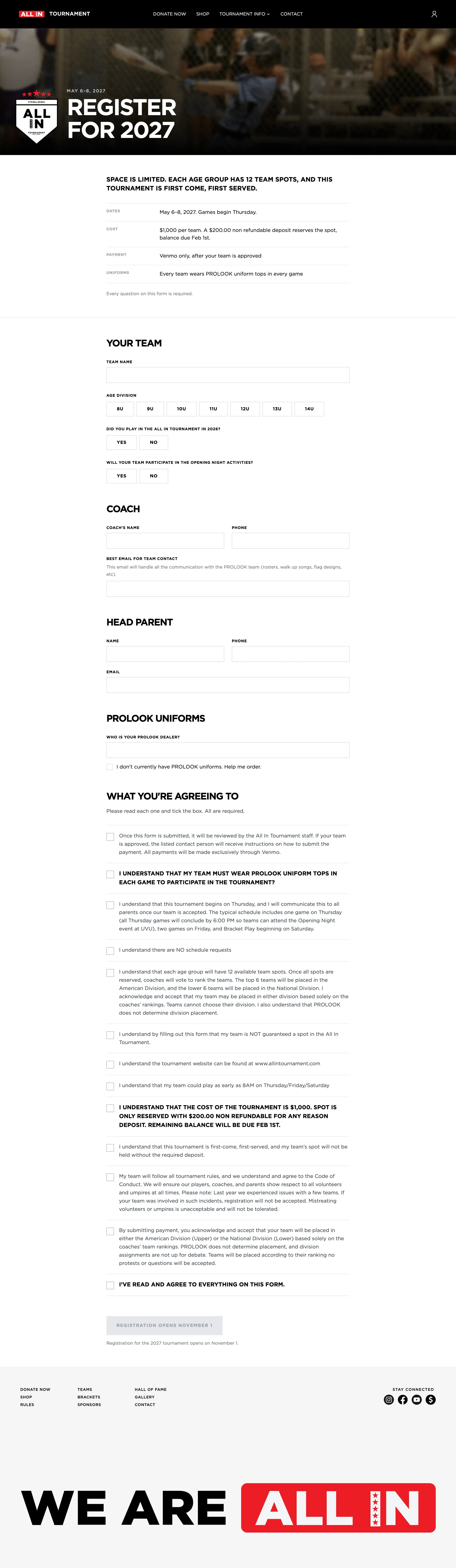 An earlier version of the 2027 form, saying each age group has 12 team spots, with a greyed-out Registration Opens November 1 button at the bottom.
