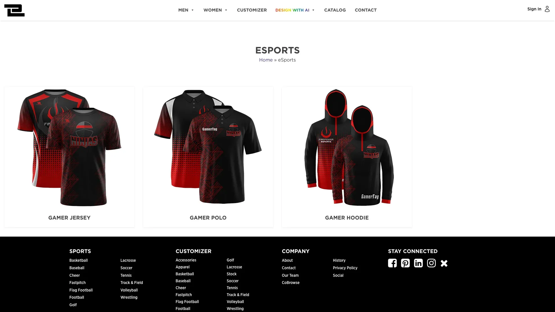 The eSports page with a gamer jersey, polo and hoodie, above the footer.
